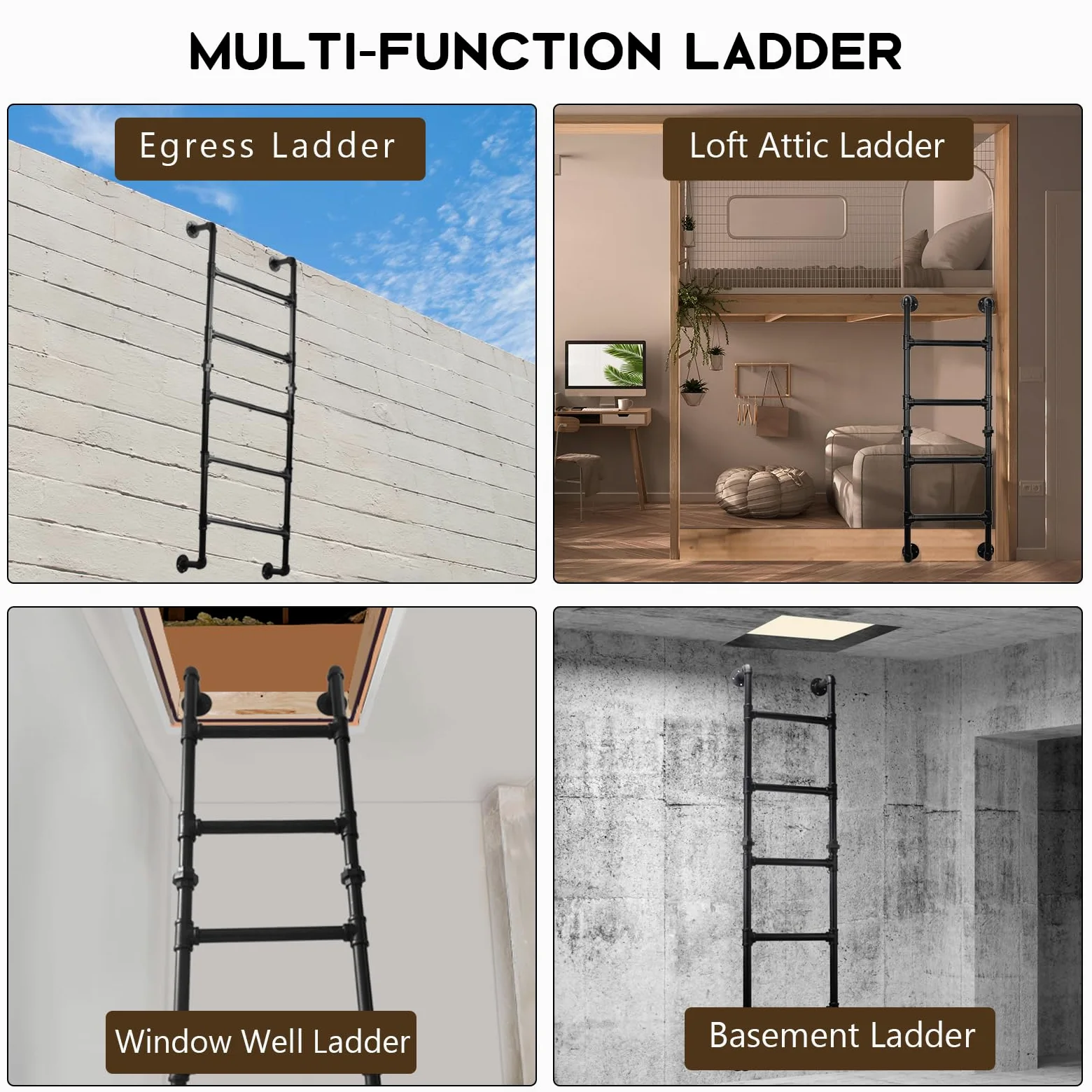3-Sprossen Wandleiter aus schwarzem Metall, 100 cm/3.3FT, bis 150 kg belastbar, Robuste und platzsparende Ausstiegsleiter für Etagenbett, Loft, Dachboden, und Kellerfensterschacht