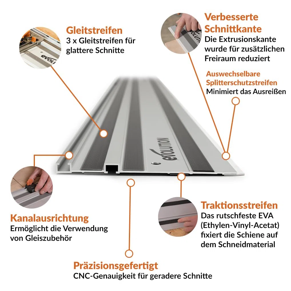 Evolution ST1400-G2 Führungsschiene Kreissägen Universal passend für die meisten Marken Makita, Metabo Bosch, Festool, 1,4m (2 x 700 mm ) Selbstausrichtende Verbindungsschienen, Endanschlag-Zubehör