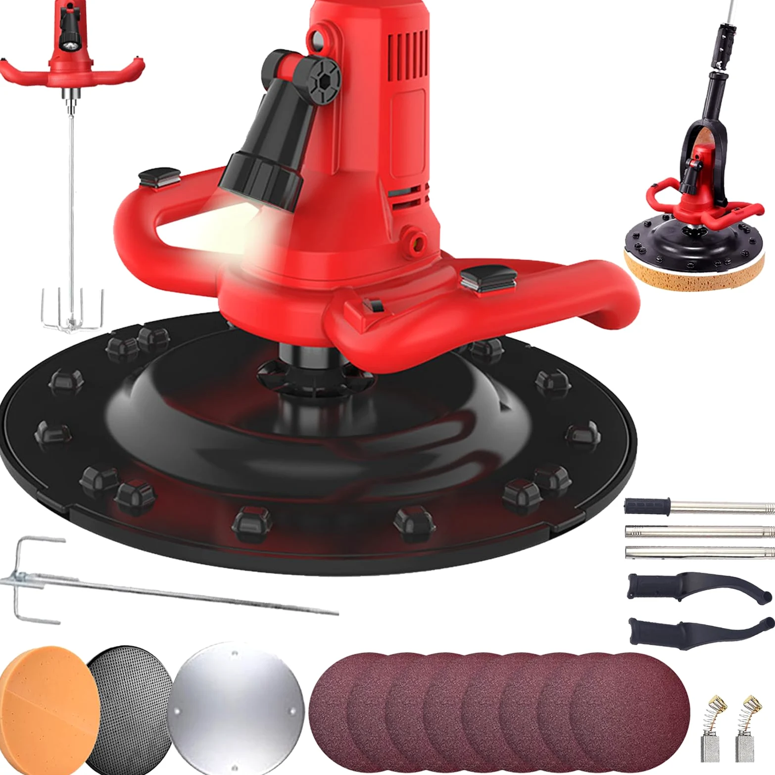 Putzglättmaschine, 2 in1 1680W Betonmischer Elektrische Wandglättmaschine mit Teleskopstange 6 Geschwindigkeit Ø 380mm Schleifscheibe LED Beleuchtungs Betonzementmörtelkelle Putzmaschine Betonglätter
