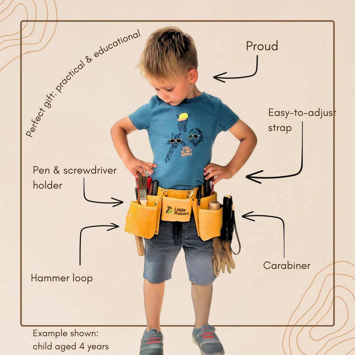 Kinder Werkzeuggürtel – Robuster Handwerker-Gürtel für kleine Baumeister, mit Werkzeugtaschen, Hammerschlaufe & Karabiner zum Werken, Bauen & Basteln - stufenlos anpassbar & mitwachsend