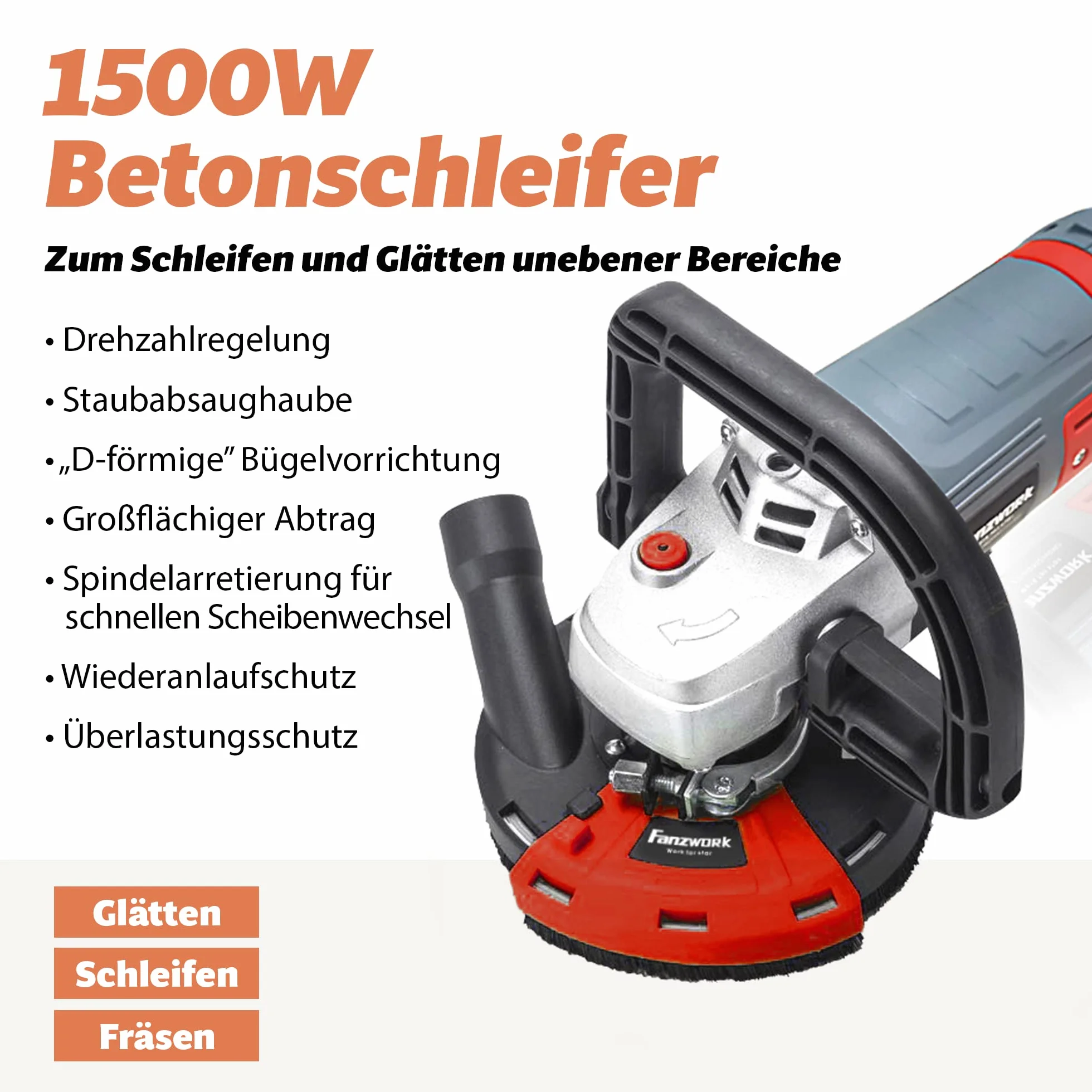 FANZWORK Betonschleifer Betonfräse Sanierungsfräse Set mit Diamantschleiftopf und Absaughaube, mit Drehzahlregelung (1500W/125mm+)