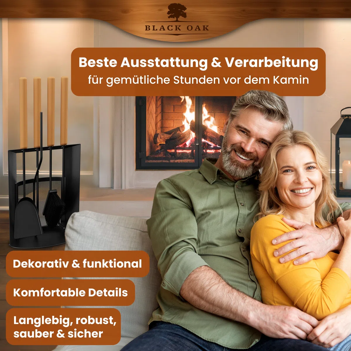 BLACK OAK Kaminbesteck DAVOS 5-teilig - edles & dekoratives Ofenbesteck Set schwarz mit Holzgriff 5 teilig Ständer + Kaminzange Schürhaken Ascheschaufel Kaminbesen Stahl Kaminzubehör Besteck für Ofen