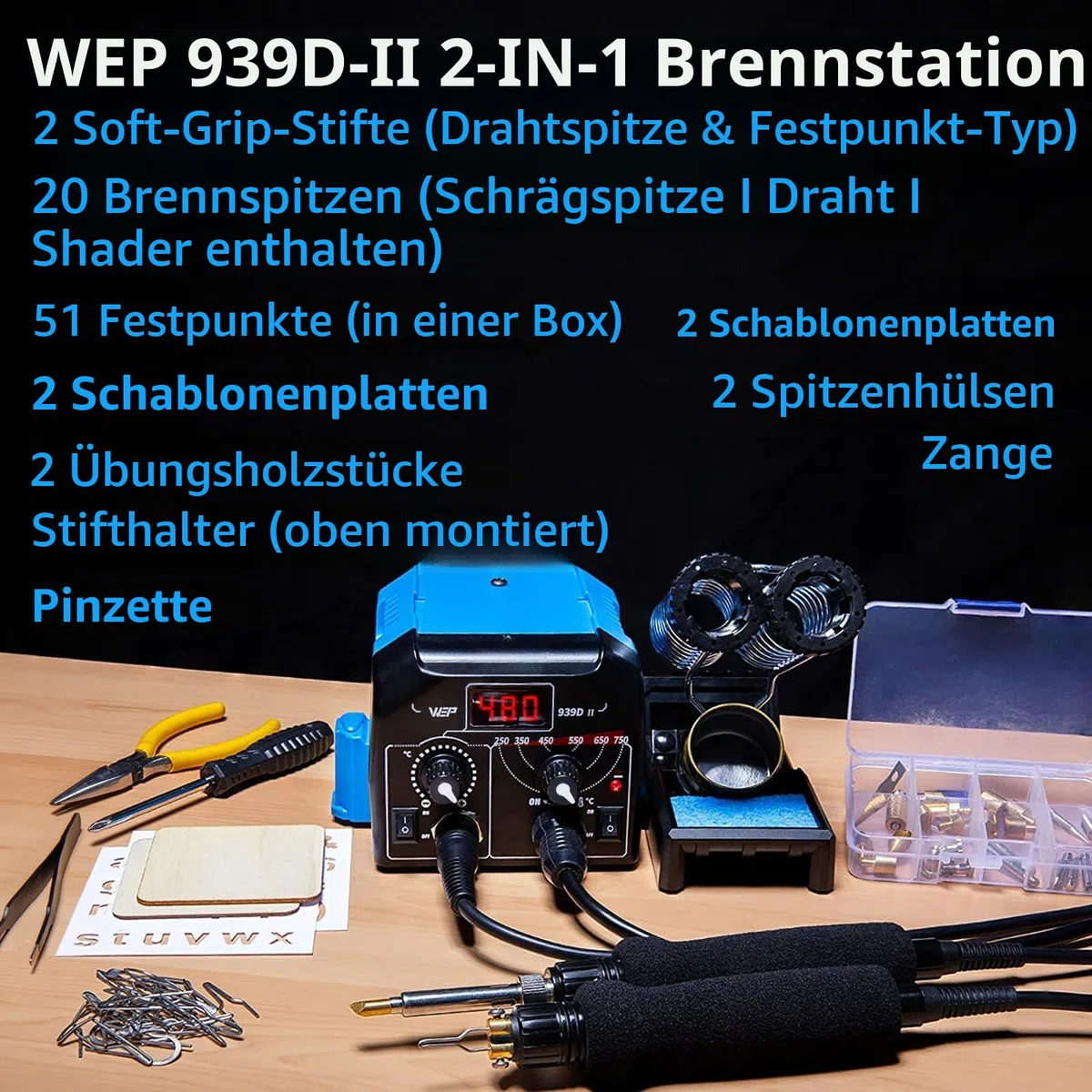WEP 939D-II 2-in-1 Brandmalkolben Set 86-teilig – Brandmalerei Set mit 51 festen Spitzen & 23 Drahtspitzen – Brennpeter für Holzgravur inkl. Schablonen, Holzbrennstift & Zubehör (EU-Stecker)