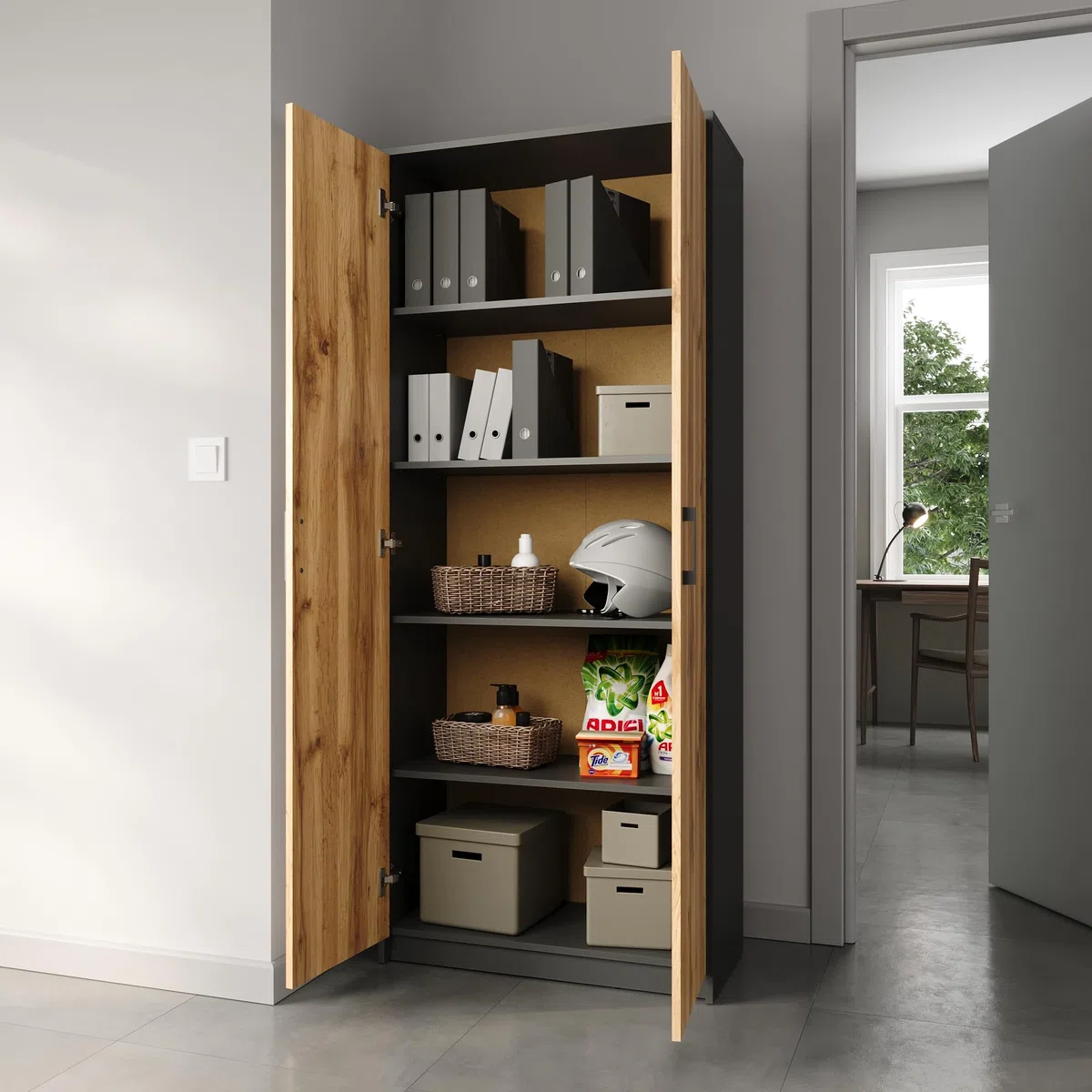 Home Collective Schrank Mehrzweckschrank Aktenschrank Hochschrank mit 5 Fächern 2 Türen 74x35x180 cm vielseitig einsetzbar für Büro Flur Küche Hauswirtschaftsraum stabil & pflegeleicht | graphit/eiche