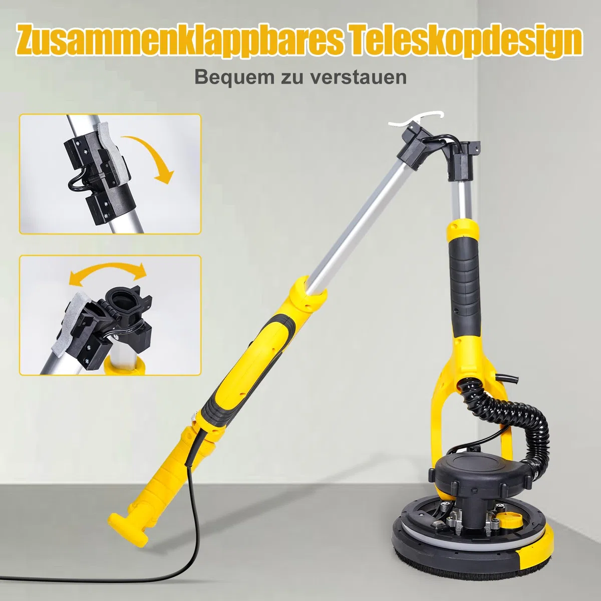 HYCHIKA Trockenbauschleifer, Wandschleifer, 750W Wand Schleifer mit Absaugung, Ausziehbarer Faltbarem Griff, Schleifgiraffe mit 6 Gänge schalten und LED-Licht Schleifteller Ø 214mm