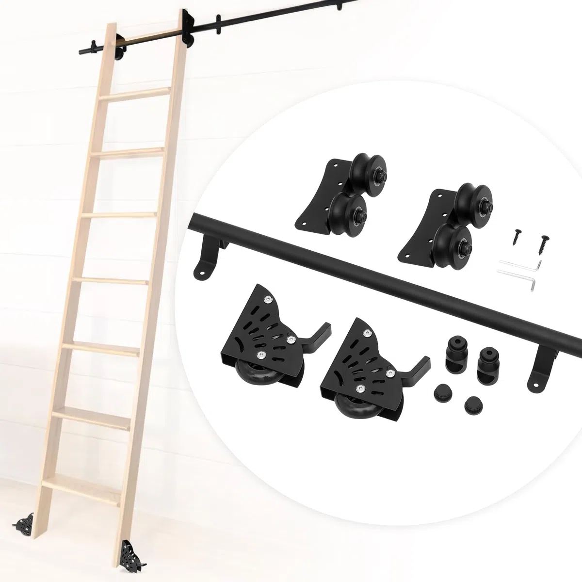 Bibliotheksleiter-Hardware-Kit mit Bremsrädern – 150 kg Kapazität, robuste Gleitschiene für Bücherregale, Küchenschränke, Dachbodenleitern