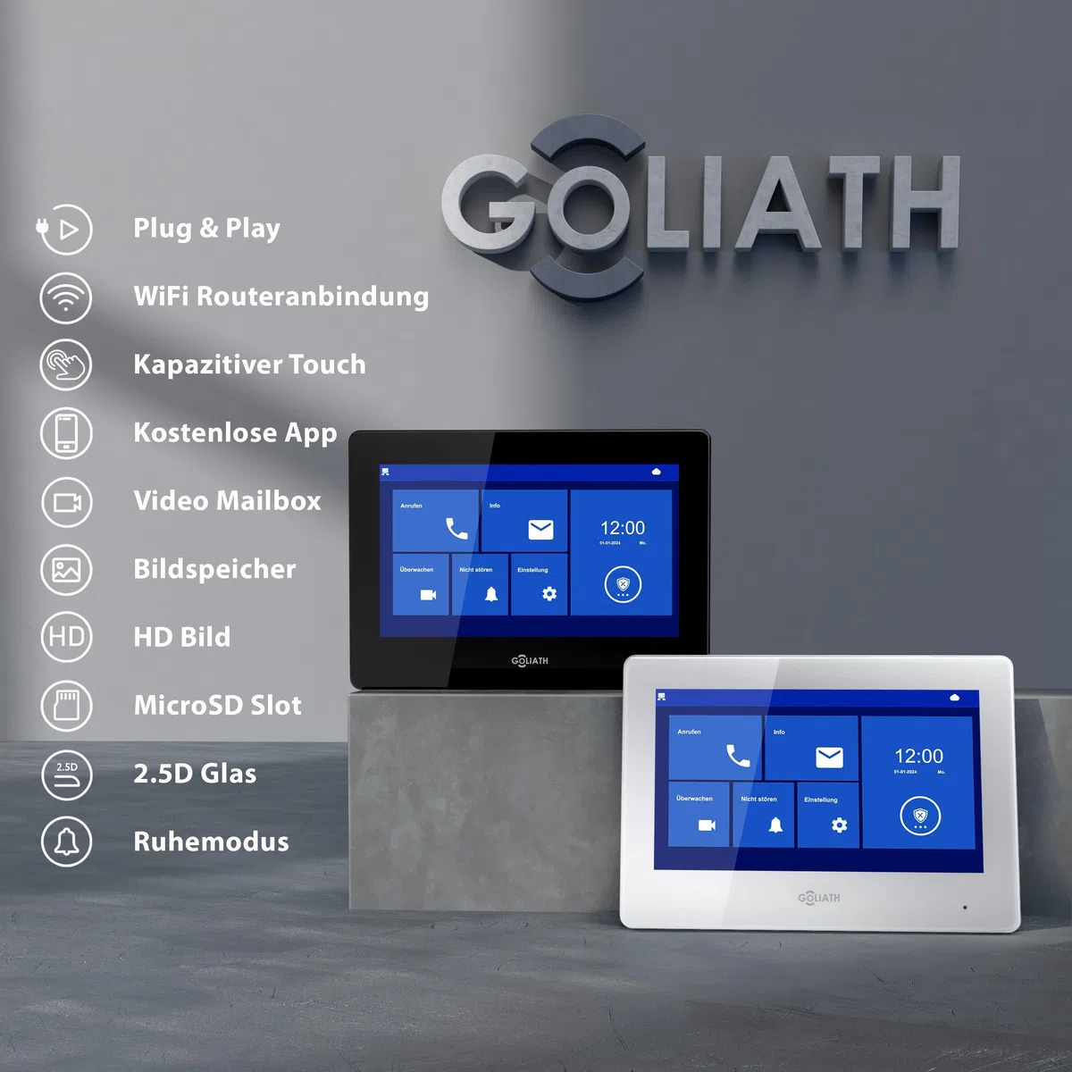 GOLIATH Basic 2-Draht Bus Video-Türsprechanlage, Full-HD, App-Steuerung, 2X 7 Zoll Monitore in Weiß, RFID & Keypad, 1-Familienhaus, Aufputz, AV-BLS-K-02W