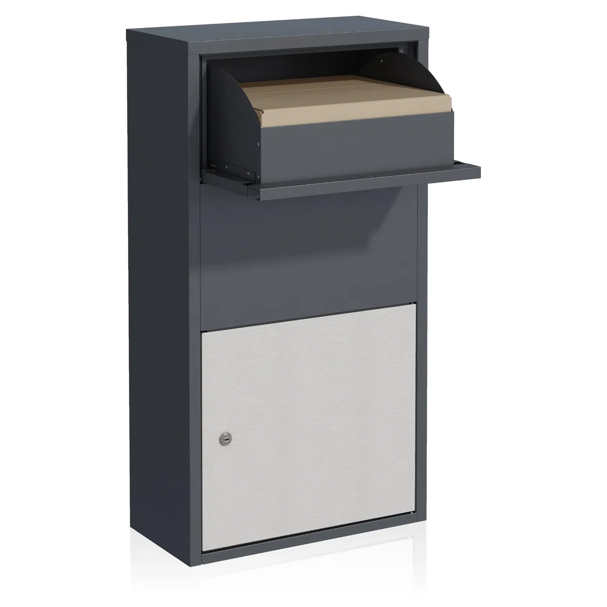 Zelsius Briefkasten mit Paketfach | Edelstahl, Anthrazit RAL 7016 | pulverbeschichteter Stahl | integrierte Rückholsperre | Wandmontage, Bodenmontage | Paketbriefkasten, Paketbox, Parcel Box