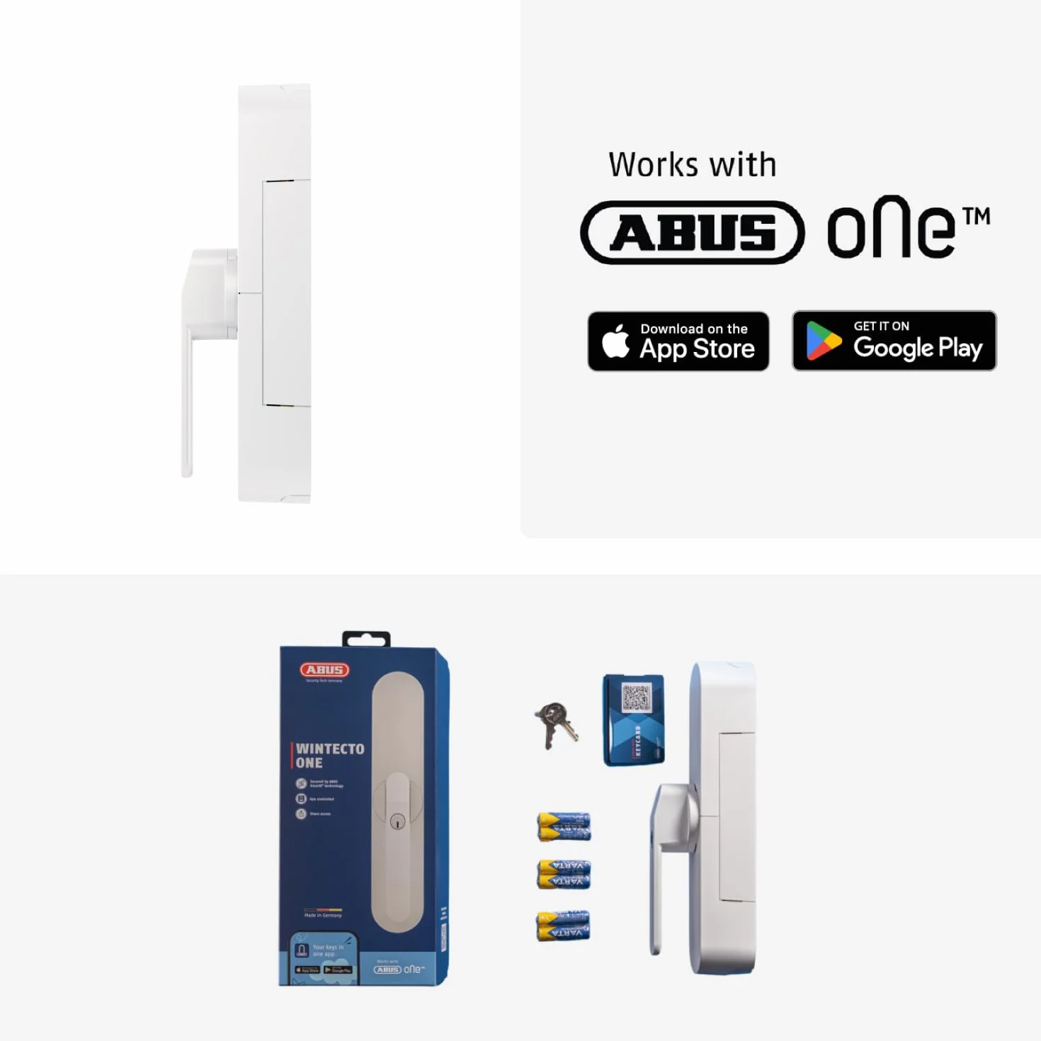 ABUS Fensterantrieb WINTECTO One – smarter Fenstergriff für Fenster, Balkon- und Terrassentür – mit Alarmfunktion – einfache Montage ohne Bohren – Weiß, gleichschließend (AL0145)