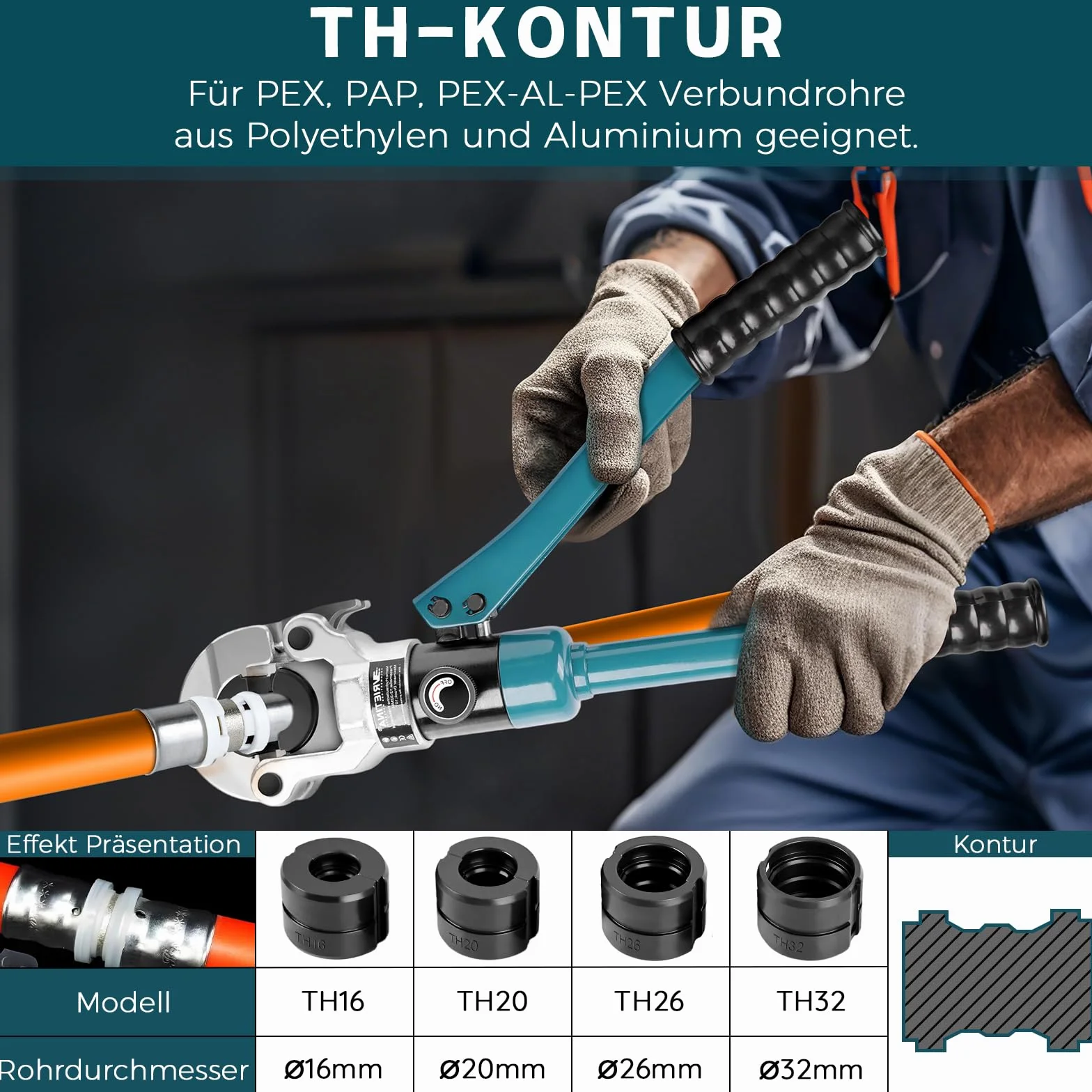 Profi Presszange Kupferrohr V-Kontur und TH-Kontur mit Rohrabschneider und Entgrater, Handpresszange Kupferrohr Presszange Verbundrohr mit V12 V15 V18 V22 V28 Und TH16 TH20 TH26 TH32, Blau