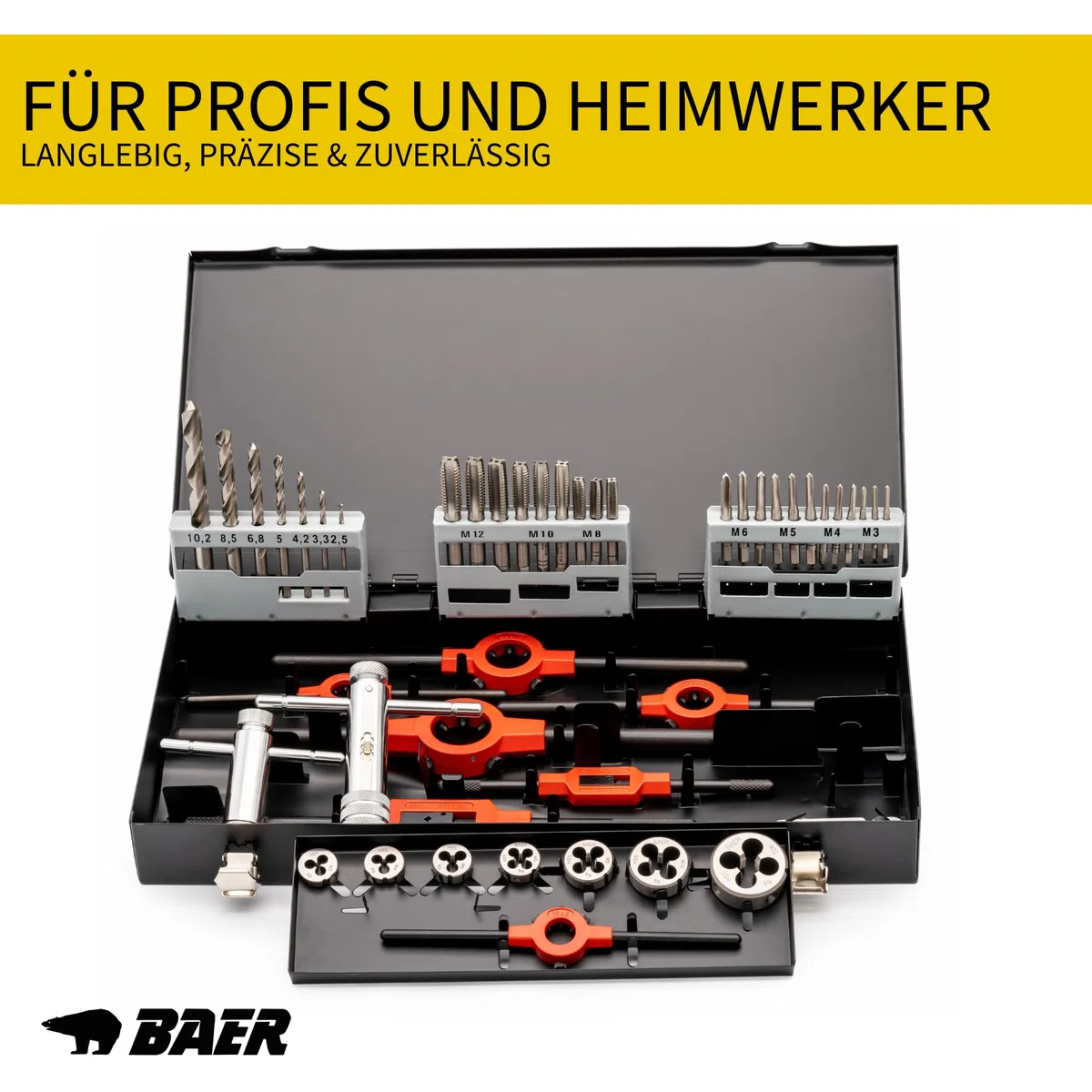 BAER Gewindeschneider Set 30-tlg. M3–M12 HSS-G | Handgewindebohrer + Schneideisen DIN 352/DIN 13 | Windeisen & Schneideisenhalter in Metallkassette | Profi Gewindeschneidsatz Innen- & Außengewinde