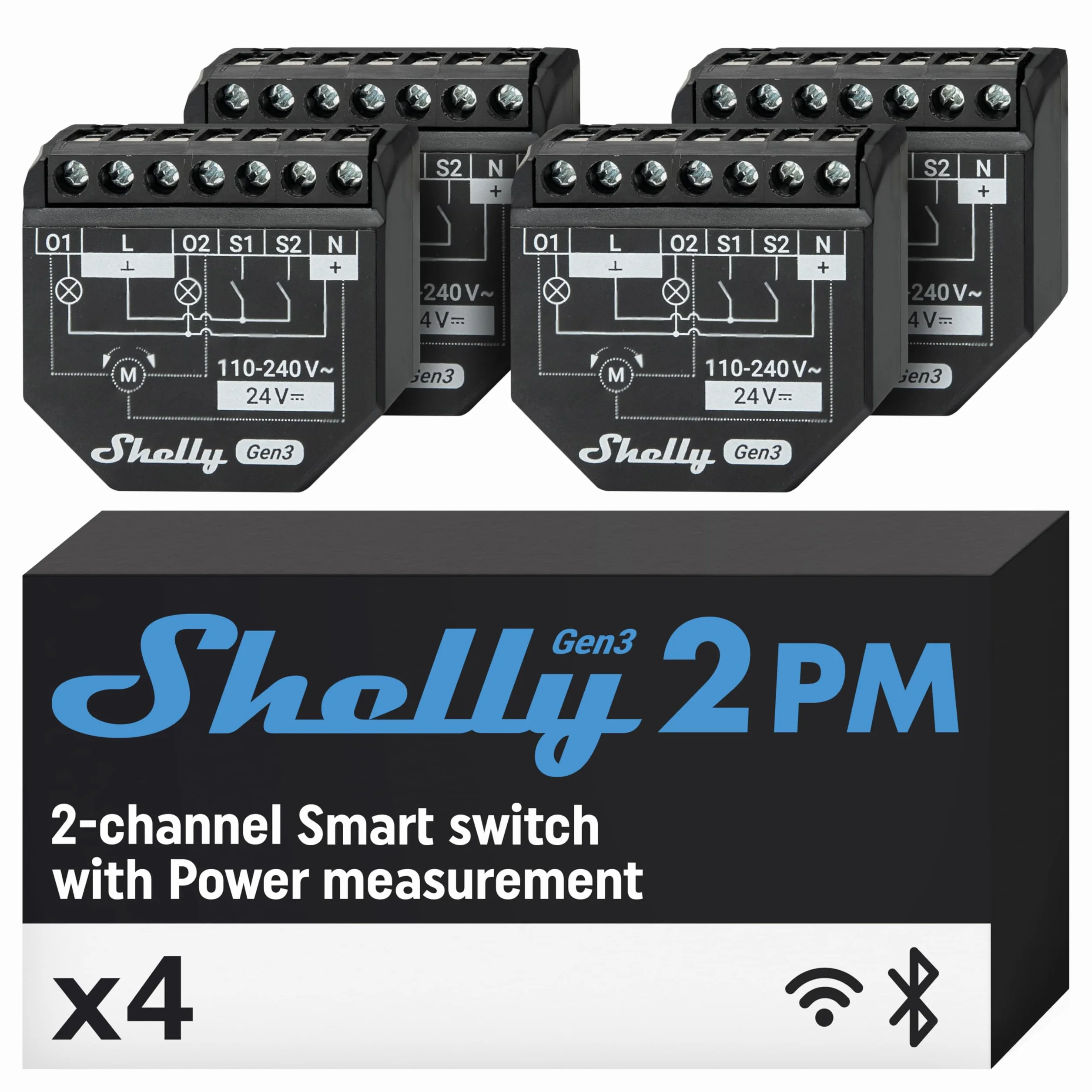 Shelly 2PM Gen3 - WLAN Smart Relais Schalter, Rolladenschalter, Stromzähler, 2 Kanäle, 16A, Lichtschalter, Smart Home, Zeitschaltuhr, Alexa & Google Home, Kein Hub Erforderlich (4 Stück)