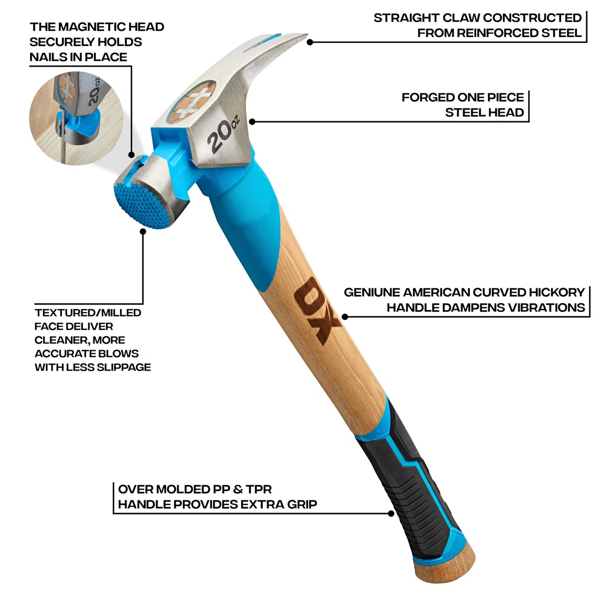 OX Pro Rahmenhammer mit gefräster Schlagfläche und magnetischem Nagelstarter, geschmiedeter einteiliger Stahlkopf, gerades Krallenende, gebogener amerikanischer Hickory-Griff mit TPR-Griff, OX-P087220
