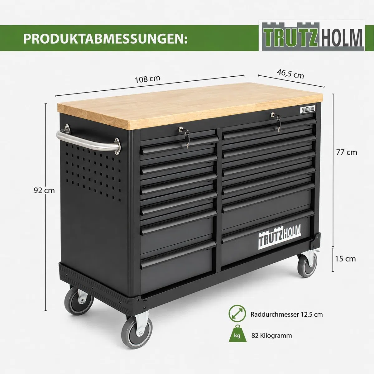 TRUTZHOLM Werkstattwagen DELUXE 12 Schubladen leer, Werkzeugwagen abschließbar mit 40 mm Hartholz-Arbeitsplatte, kugelgelagerte Schwerlastauszüge, Rollen mit Feststellbremse, Anthrazit/Grau
