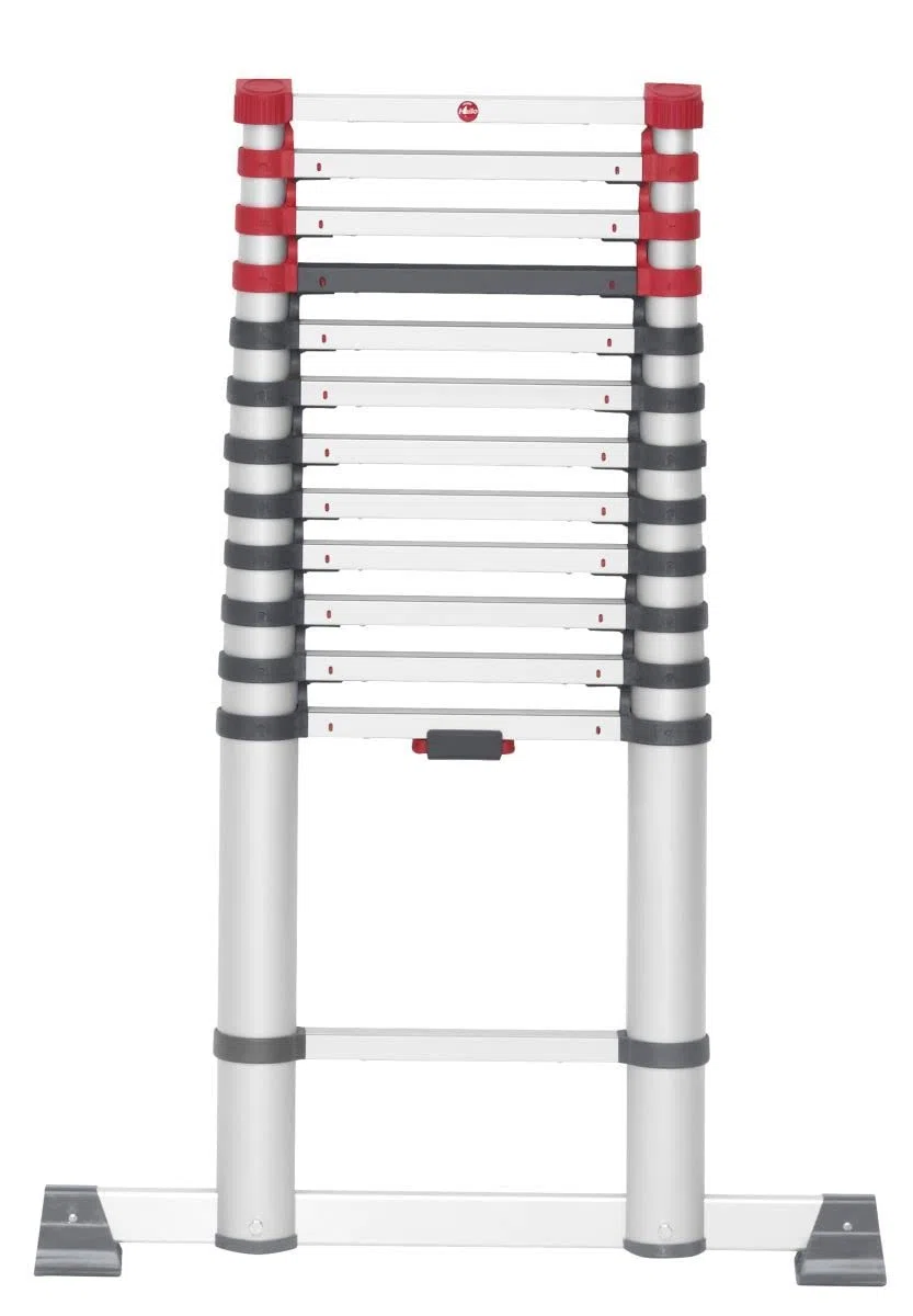 Hailo Teleskopleiter FlexLine, 1x13 Sprossen bis 150 kg, rostfreie Alu Leiter bis 3,80 m Leiterhöhe einstellbar, Silber, platzsparend zu Verstauen, Aktuelles Modell T80