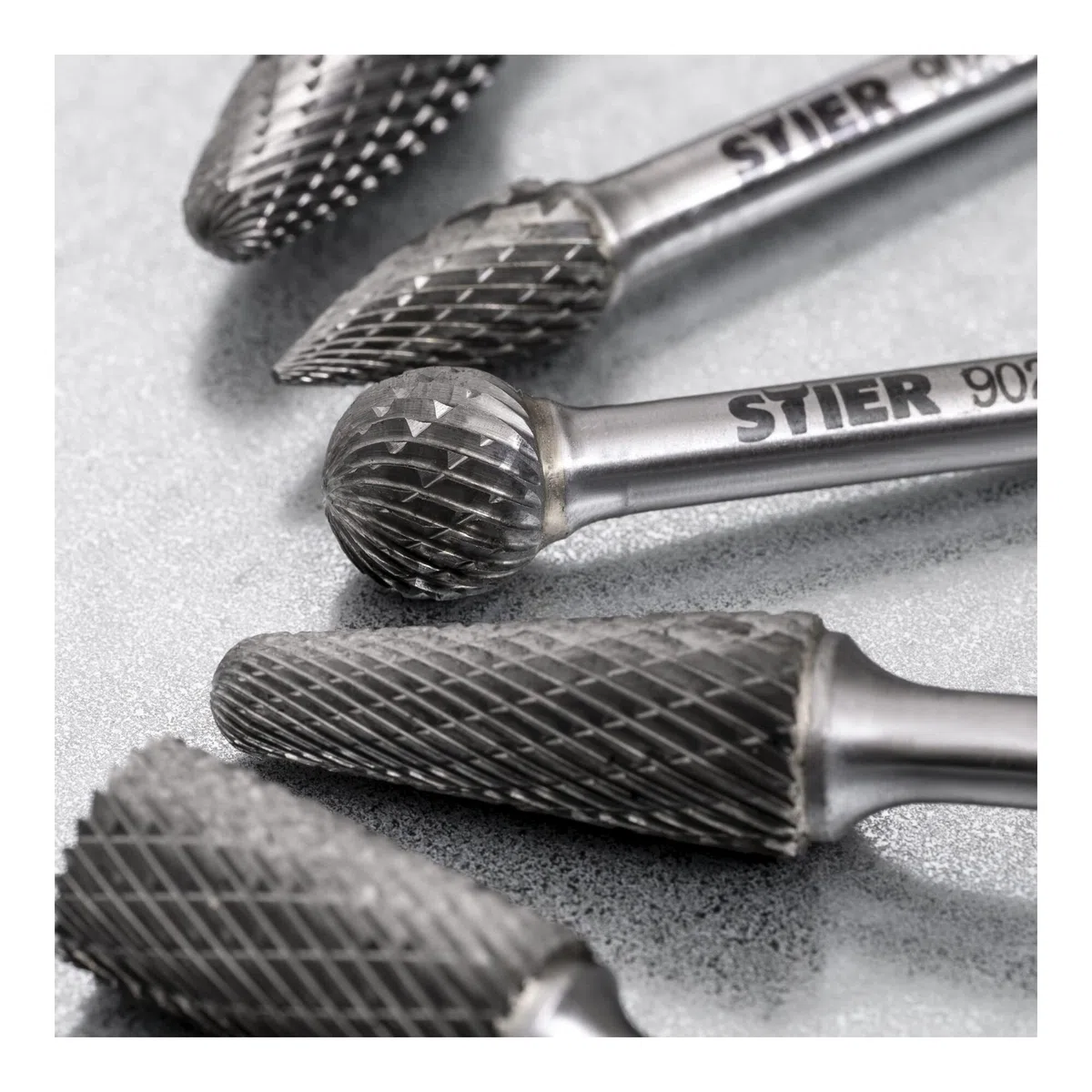 STIER Frässtifte-Set 10-teilig, 6 mm Schaftdurchmesser, Fräsformen: Zylinder Stirnverzahnung Walzenrundform Oval Tropfen Spitzbogen, hohe Schnittgeschwindigkeit 840 m/min