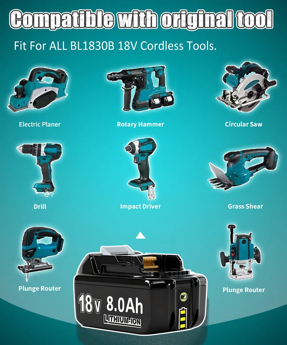 Hohe Kapazität 18V 8.0Ah/8000mAh Verbesserte 2X Ersatzakku für makita + Dual Port 6A Ladegerät DC18RD Kompatibel für BL1860B BL1850B BL1840B BL1830 BL1835 194205-3 LXT-400 with LED Werkzeugakku.