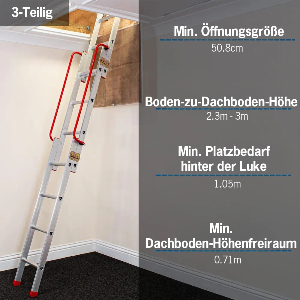 BPS Aluminium-Bodentreppe 3-teilig | Dachbodentreppe mit Handlauf, D-Sprossen, Aufbewahrungspfahl, Verriegelungsbeschläge | 150 kg Tragkraft