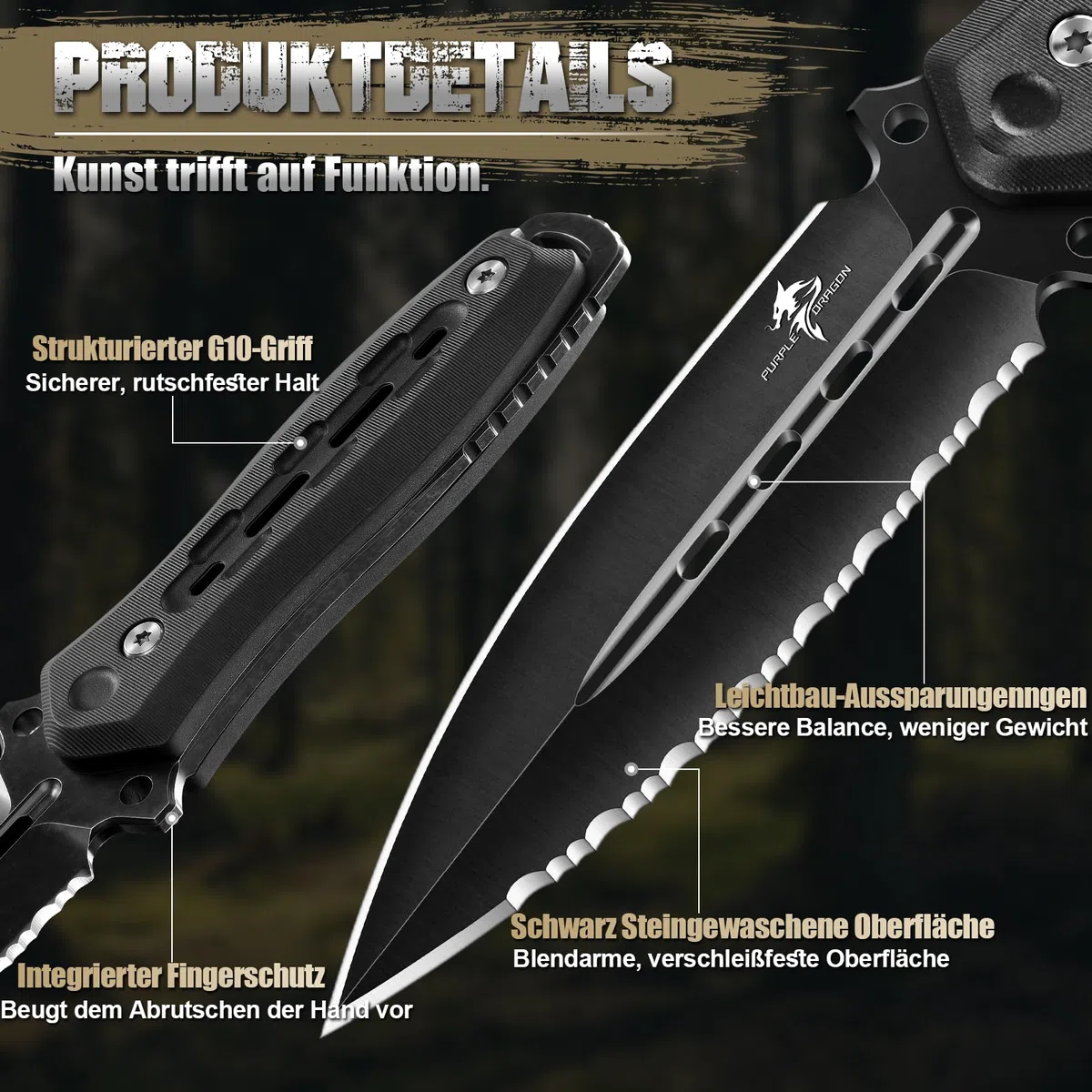 Purple Dragon Survival Messer mit Scheide - Jagdmesser Schwarz mit Feststehende Klinge - Outdoor Messer für Camping Jagd Wandern Abenteuer - Geschenk für Männer