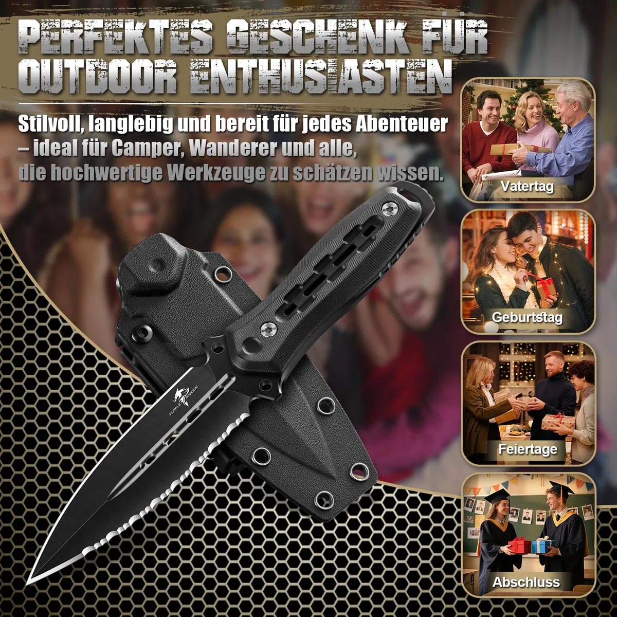 Purple Dragon Survival Messer mit Scheide - Jagdmesser Schwarz mit Feststehende Klinge - Outdoor Messer für Camping Jagd Wandern Abenteuer - Geschenk für Männer