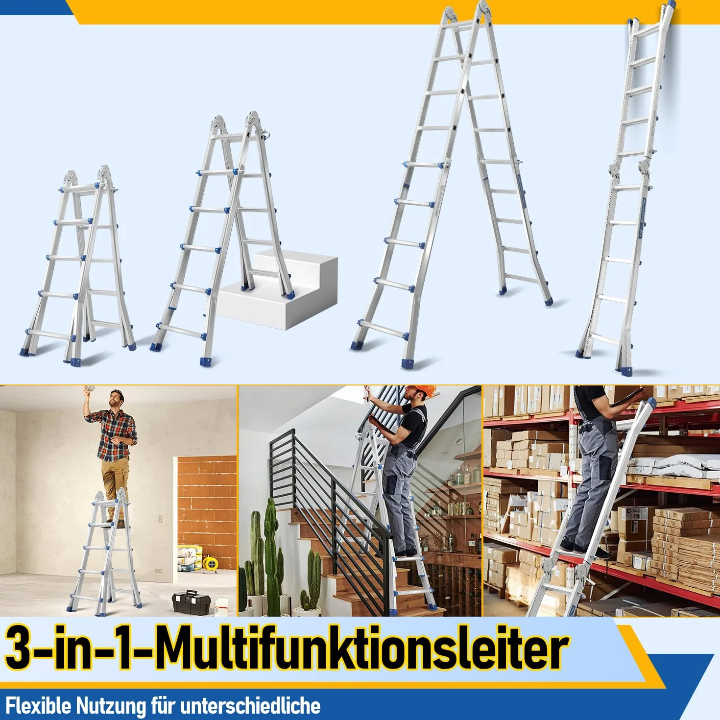 Ikodm Mehrzweckleiter 402cm 4x4 Sprossen Teleskopleiter 3 in 1 Aluleiter Multifunktionsleiter Klappleiter, Anlegeleiter Bockleiter Schiebeleiter beidseitige Steh und Treppenleiter