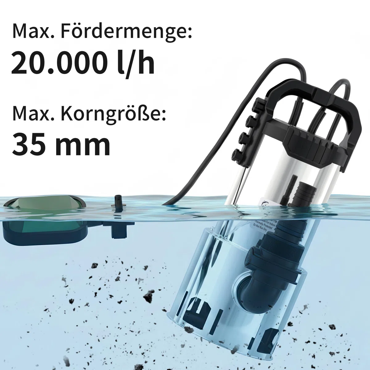 LANCHEZ Edelstahl Schmutzwassertauchpumpe 1100W, 20.000 l/h, Förderhöhe 11 m, Max durchlässige Partikelgröße: 3,5 cm, Einstellbarer Schwimmerschalter, Thermoschutz, für Pool, Schacht, Garten