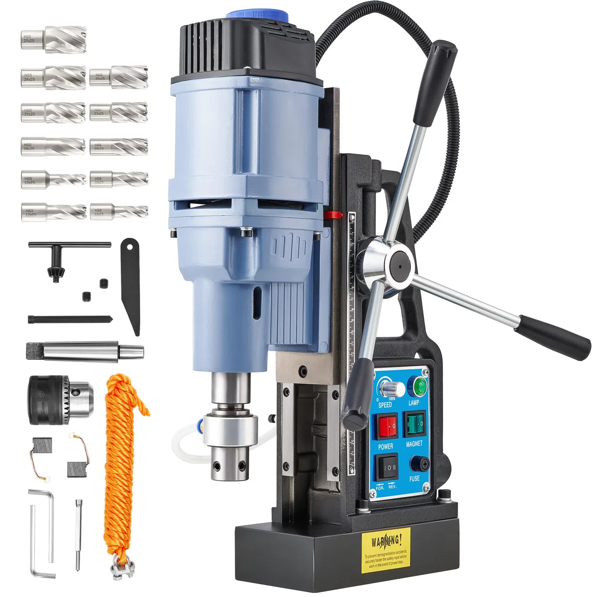 ZELCAN Magnetbohrmaschine, 1550W Standbohrer, 13900N Anpresskraft, 650 U/min, 50mm Bohrtiefe. Lieferung mit 11 HSS-Bohrern 12–27mm und Drehzahlregelung für gewerbliche Metallbearbeitung
