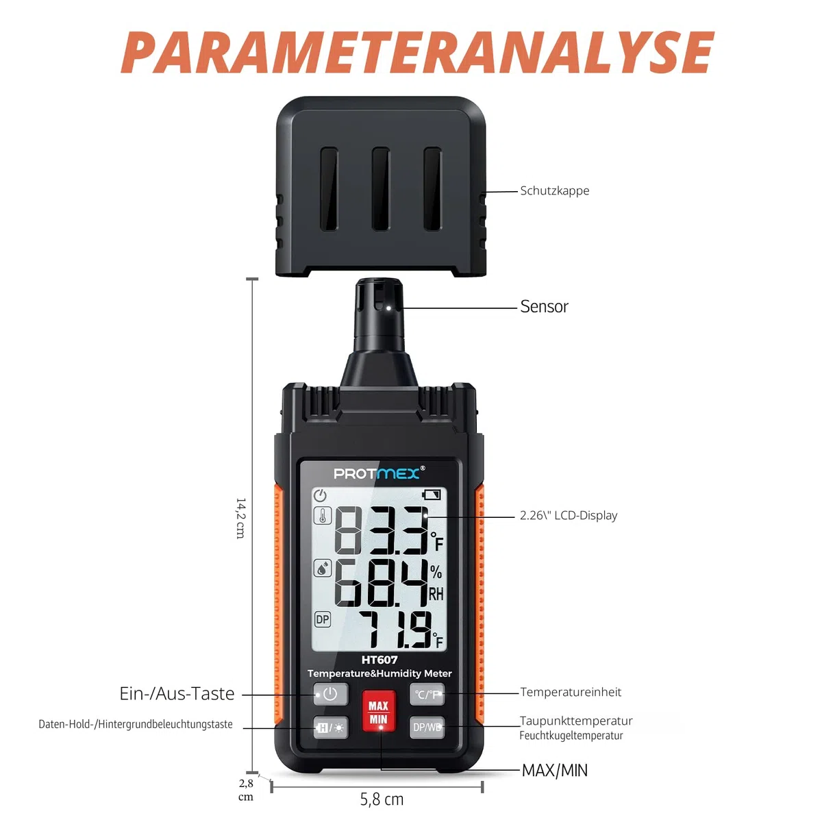 HT607 Temperatur-Feuchtigkeitsmessgerät Hochpräzisionsmessgerät mit Umgebungsluft, relativer Feuchte, Taupunkt, Feuchtkugelthermometer, Min/Max Hold, LCD-Hintergrundbeleuchtung