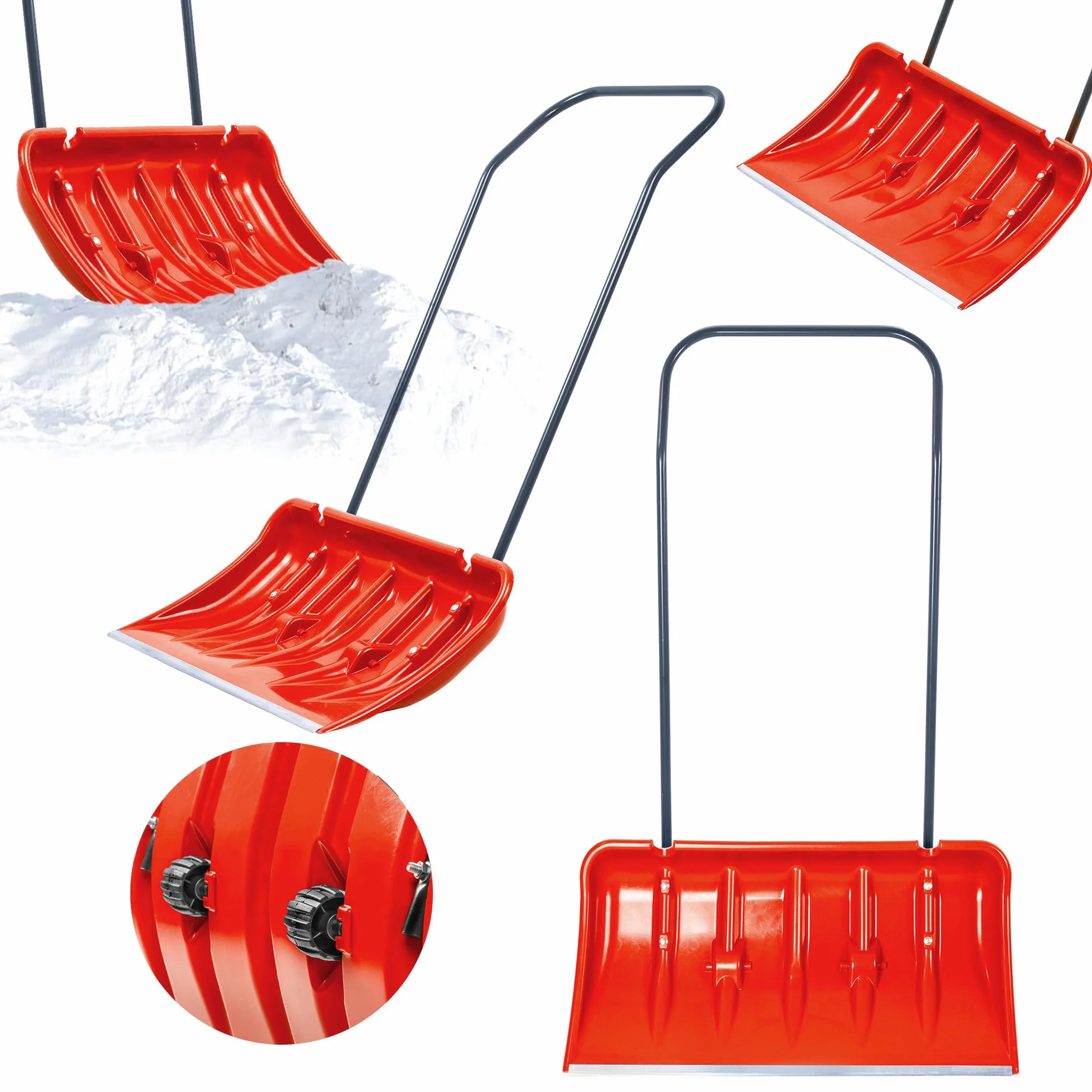 KADAX Schneeschieber mit Alu-Profilkante, breite Schneeschaufel mit Rädern, Schaufel mit Metallgriff, Schneeschippe mit Kunststoff-Blatt, Schneeräumer (Orange 2)