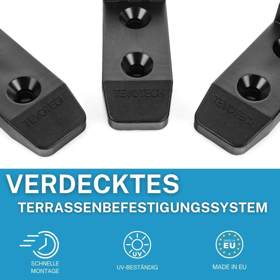 TEVOTECH Terrassenverbinder Set (150 Stück) inkl. Edelstahlschrauben – Unsichtbare Befestigung für Holz-Terrassendielen – Kunststoffclips mit Abstandshalter