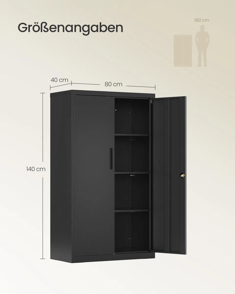 SONGMICS Aktenschrank, Metallschrank, Aufbewahrungsschrank, Büroschrank abschließbar, mit 2 Türen, aus Stahl, 80 x 40 x 140 cm, 3 verstellbare Ablagen, Mattschwarz OMC020BD01