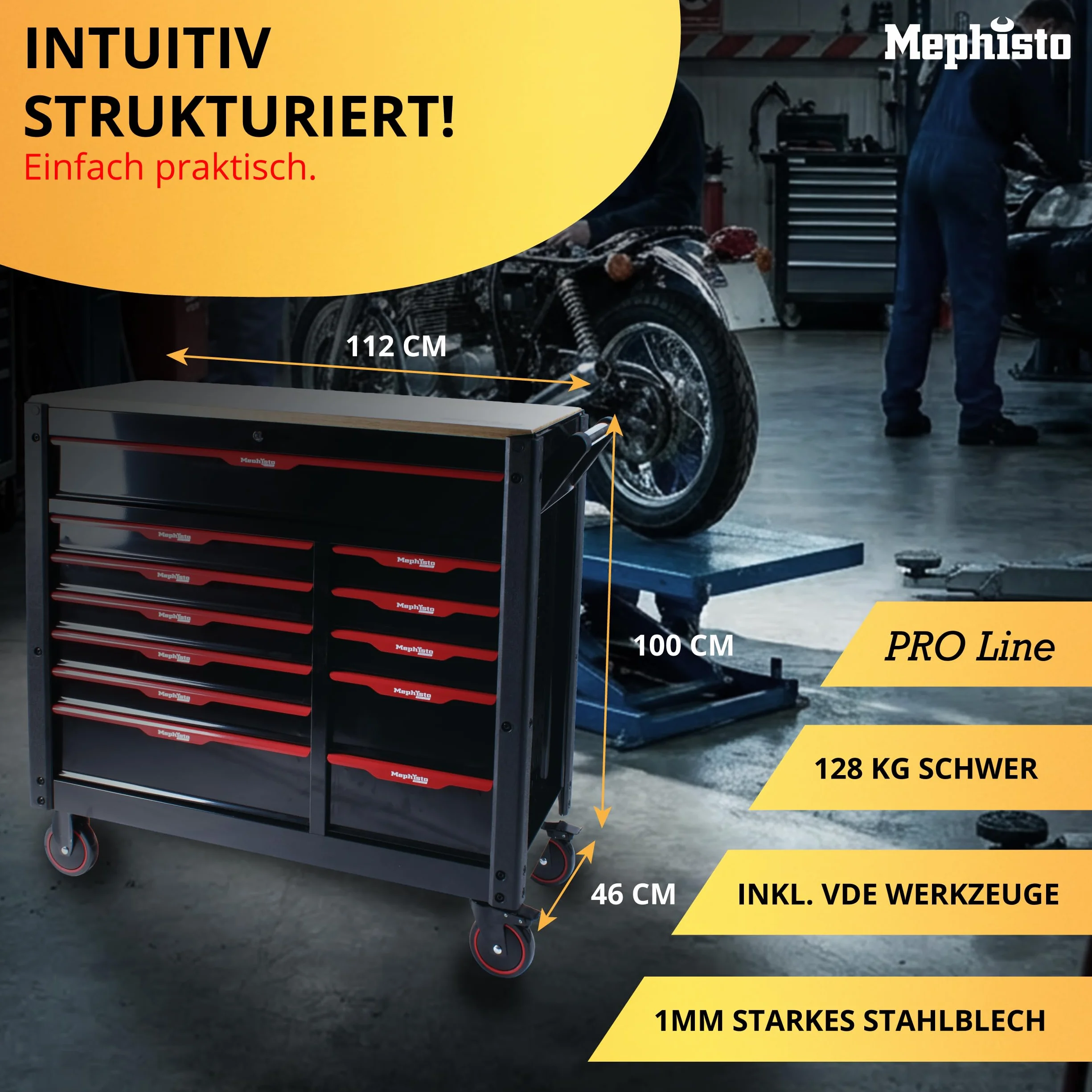 Mephisto Pro-Line BIG Werkzeugwagen Werkstattwagen gefüllt mit 12 Schubfächer davon 11 inkl. Werkzeug wie VDE Schraubendreher, Ratsche mit Nusskasten, Schraubendreher-Set in Soft Inlays in Carbon Lock