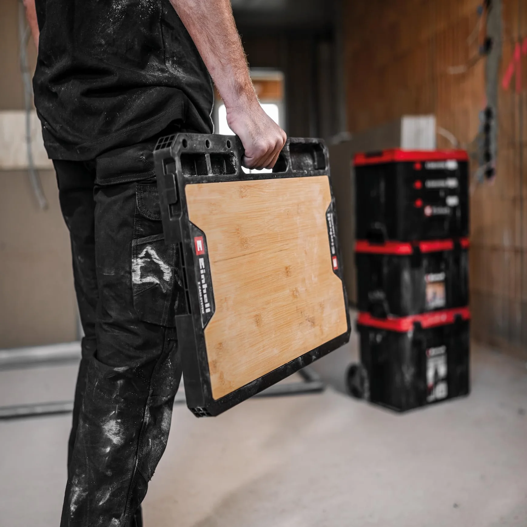 Original Einhell E-Case Arbeitsplatte (50 x 36 x 4,2 cm, max. 84 kg Nutzlast, Einhell E-Case System, robuster Bambus, Mobile Werkbank, Tragegriff, Zubehörhalterungen)