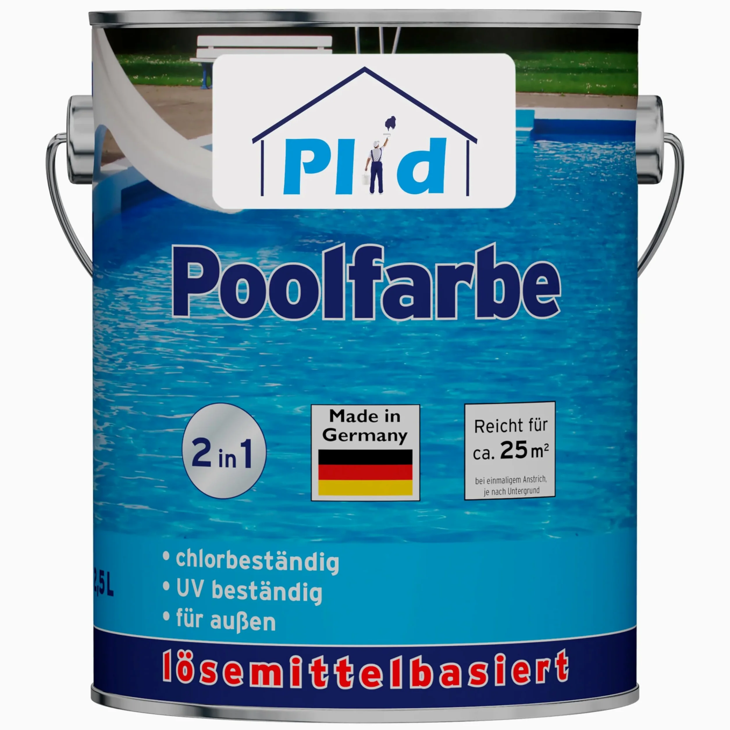 Plid® Beton Poolfarbe Poolblau seidenglänzend 2,5l - Schwimmbeckenfarbe chemiekalienbeständig - Unterwasserfarbe schnelltrocknend & kratzfest - hohe Farb- und Glanzstabilität Made in Germany