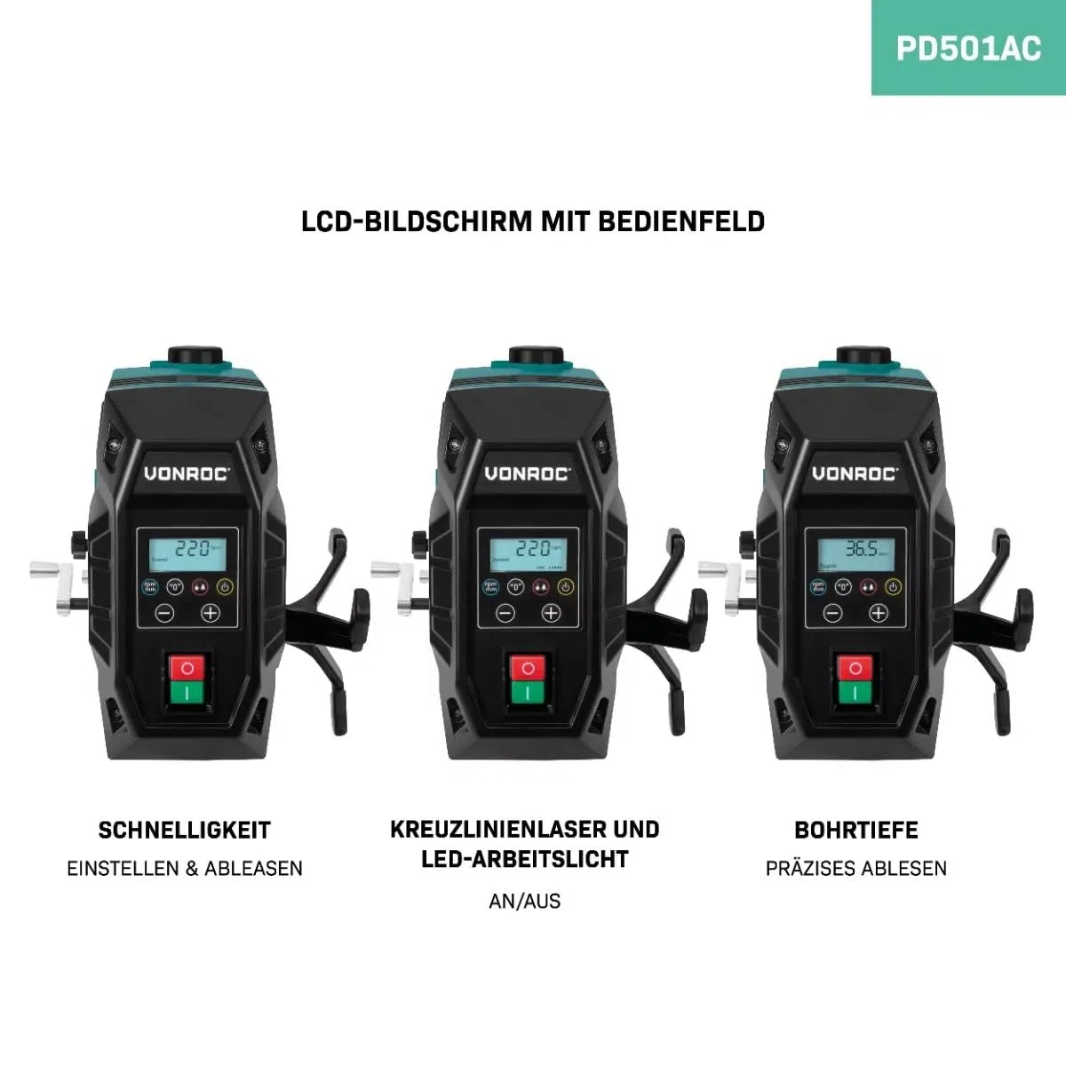 VONROC Standbohrmaschine 900W – Tischbohrmaschine – Ständerbohrmaschine - Digitales Bedienfeld mit LCD – Holz 40mm/Stahl 13mm – Kreuzlinienlaser und LED-Licht – Inkl. Zubehör