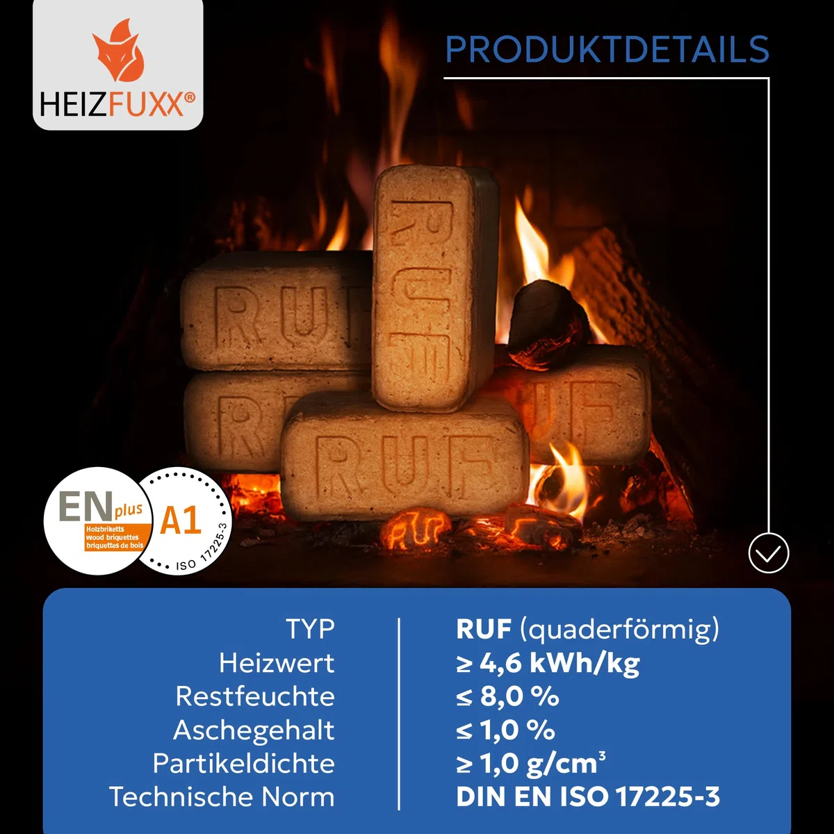 Holzbriketts RUF Original Blue - Weichholzbriketts Palette 300 kg (30x10 kg) - Premium Briketts für Kamin, Heizkessel & Ofen - Hoher Heizwert, geringer Aschegehalt & maximale Energieausbeute