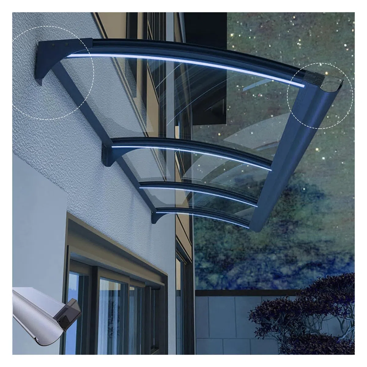 Haustürvordach, Sonnenschutz Wasserdicht Haustürdach Überdachung Türüberdachung ，Pultbogenvordach Vordach für Haustür， aus Polycarbonat+Basis aus Kohlenstoffstahl (Size : 120x300cm/47x118in)