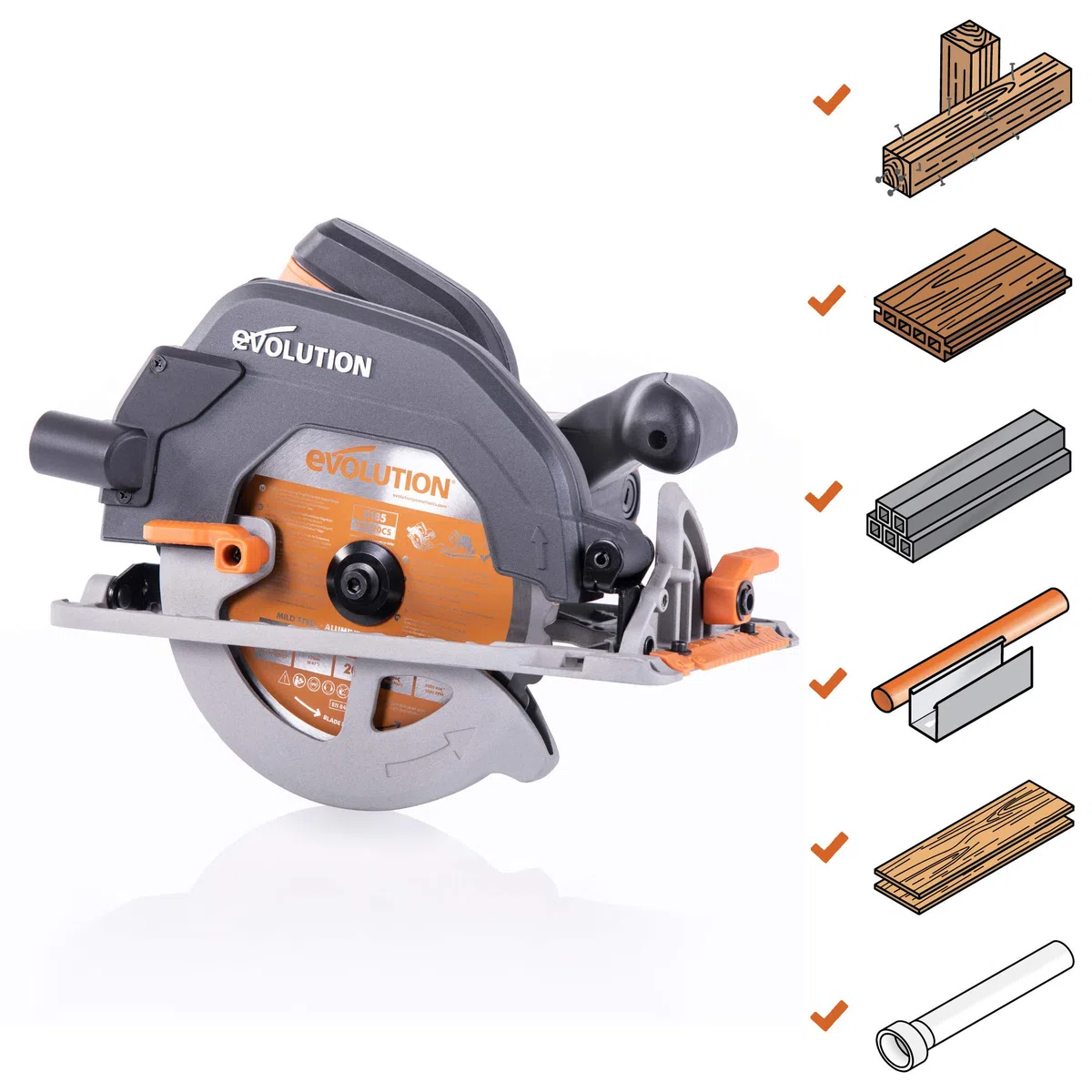 Evolution Handkreissäge R185CCS Kreissäge Tauchsäge 1600W Inkl. Ø 185 mm HM-Sägeblatt Mehrzweck Multi-Material-Schneiden Holz, Aluminium, Stahl, Kunststoff | Scie Circulaire mit Führungsschiene