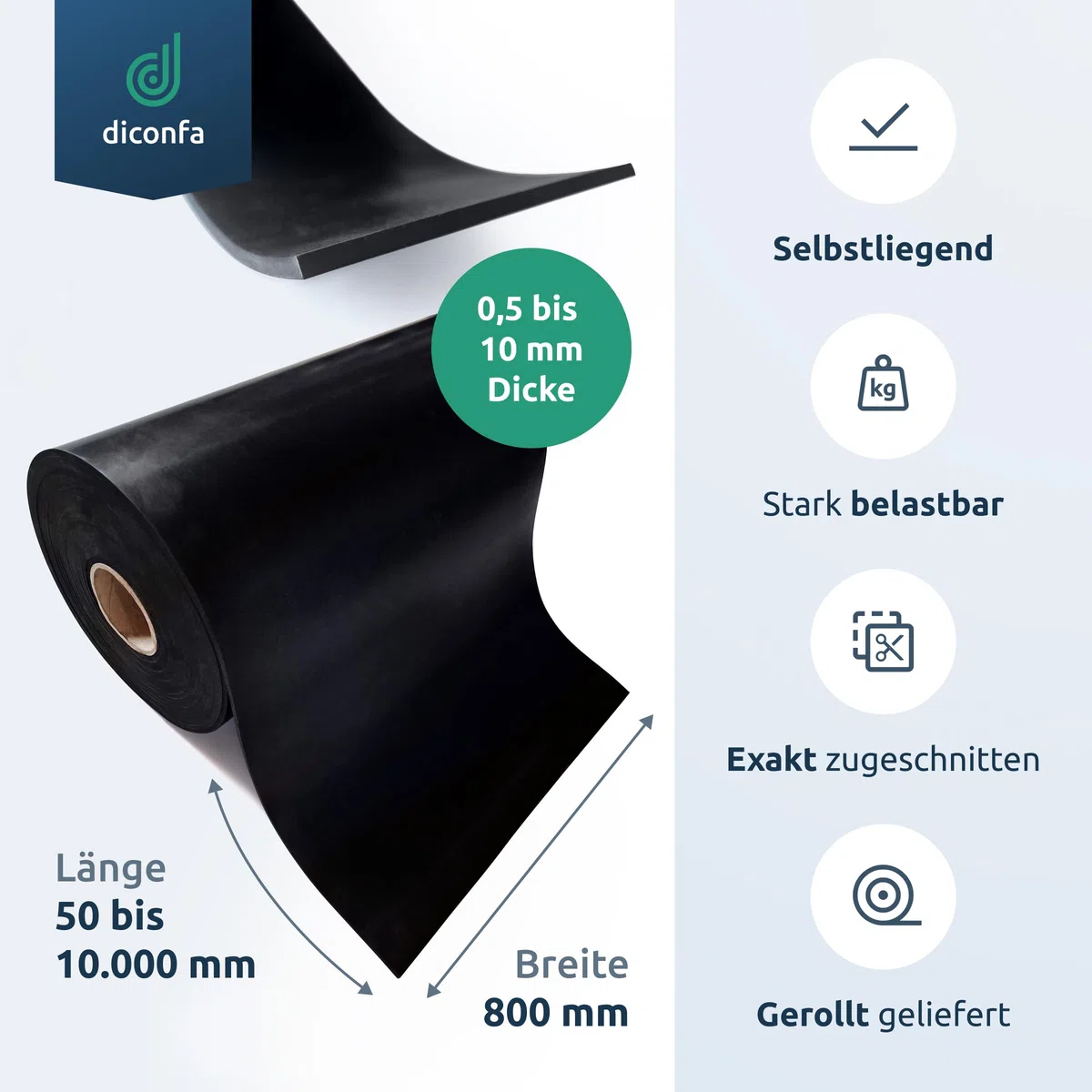 diconfa Gummimatte BREITE 800mm (80cm) - WÄHLBAR - Dicke: 1 bis 10mm - LÄNGE: 0,05 bis 10m - Auswahl: 2000mm (200cm) lang, 8mm stark - Gummistreifen Meterware schmal Gummiunterlage Gummiplatte