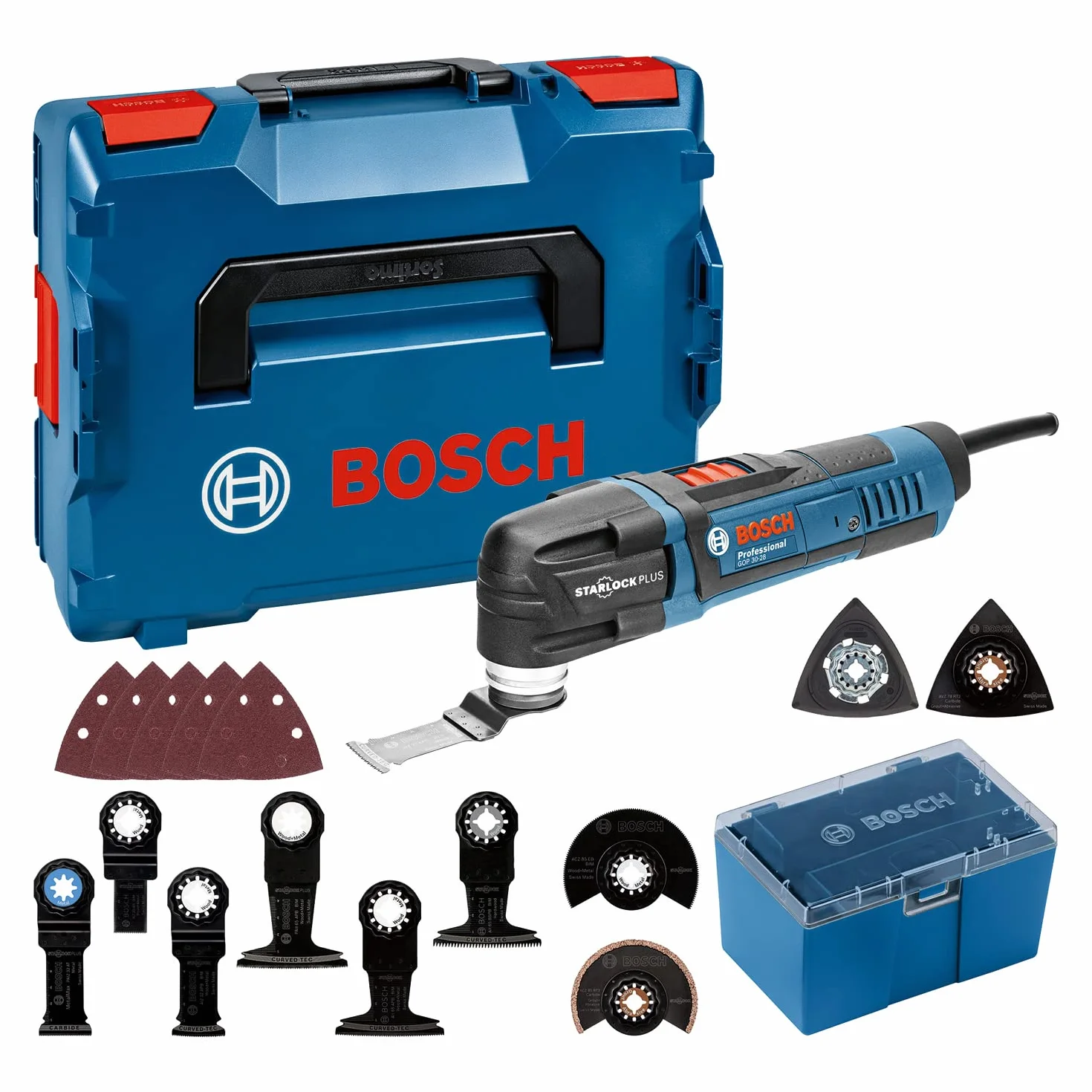 Bosch Professional Multi Cutter GOP 30-28 (inkl. 7x Starlock Tauchsägeblatt, 2x Starlock Segmentsägeblatt, 1x Starlock Carbide-Riff Schleifplatte, 5x Schleifblätter, 1x Delta-Schleifplatte, L-BOXX)