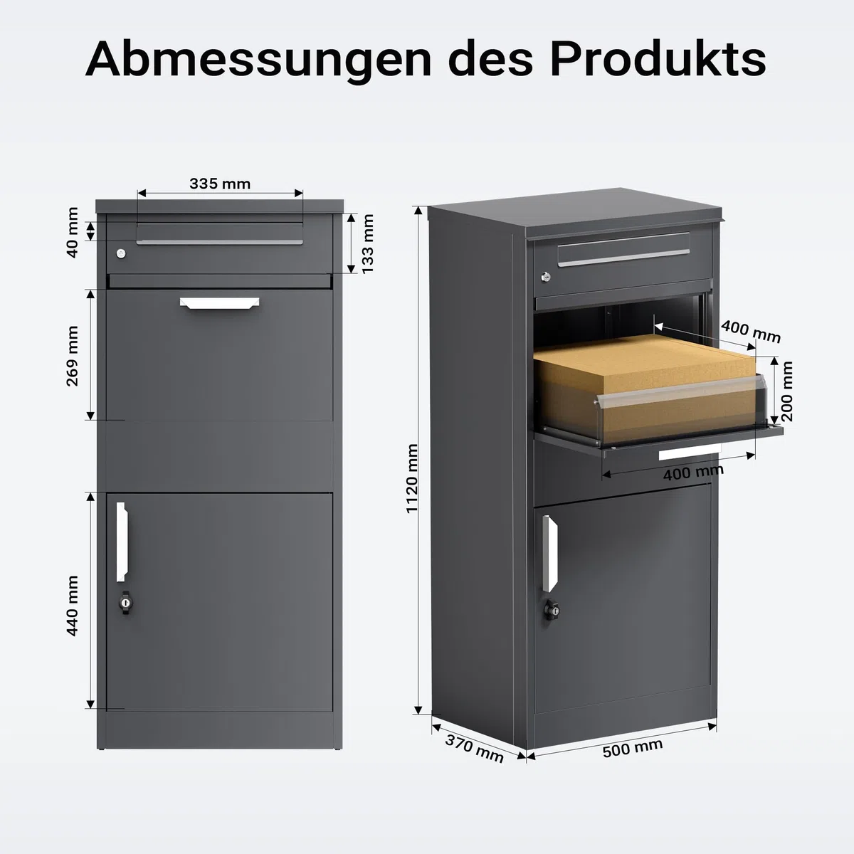 Paketkasten Anthrazit 500 x 370 x 1120 mm, Paketbox Zuhause, Private Paketannahme passend für Pakete und Päckchen, Standbriefkasten Stahl