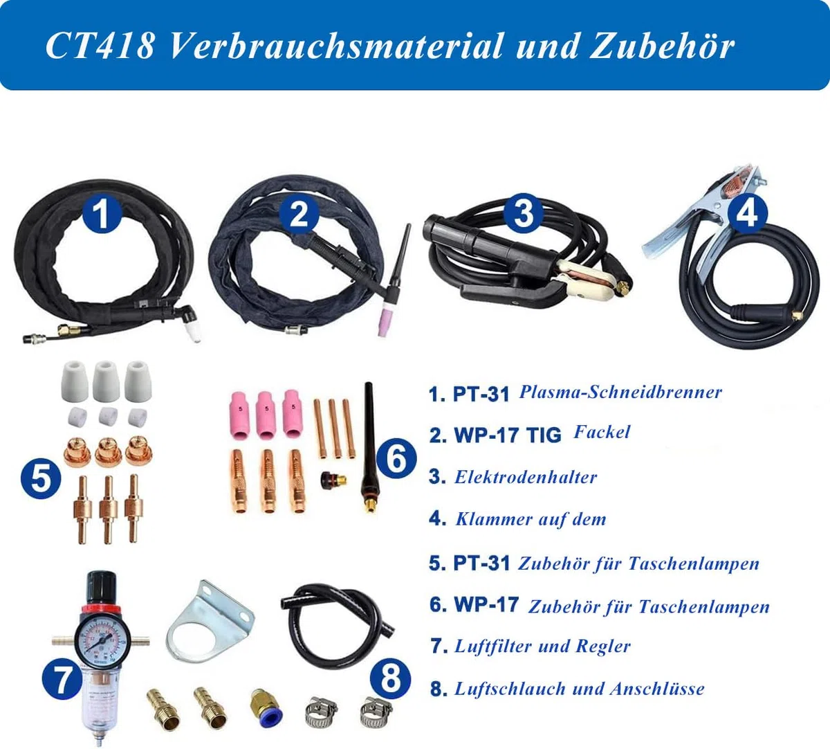 3 in 1 Combo Pilot Arc Plasmaschneider WIG Schweißgerät MMA Wechselrichter Kombischweißgerät Plasmaschneider TIG MMA | IGBT | Digitale LCD Anzeige | HF-Zündung CT418P