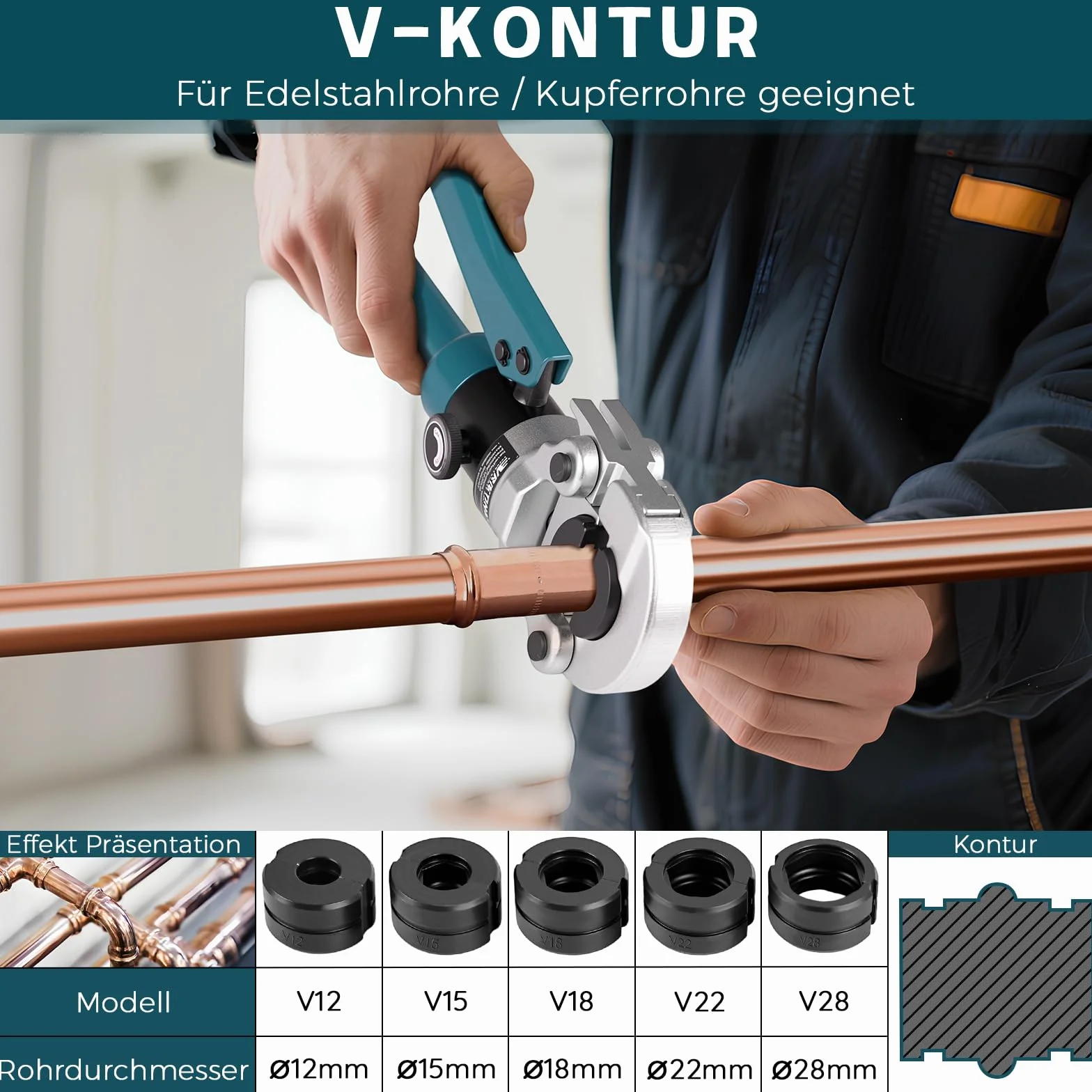 Profi Presszange Kupferrohr V-Kontur und TH-Kontur mit Rohrabschneider und Entgrater, Handpresszange Kupferrohr Presszange Verbundrohr mit V12 V15 V18 V22 V28 Und TH16 TH20 TH26 TH32, Blau