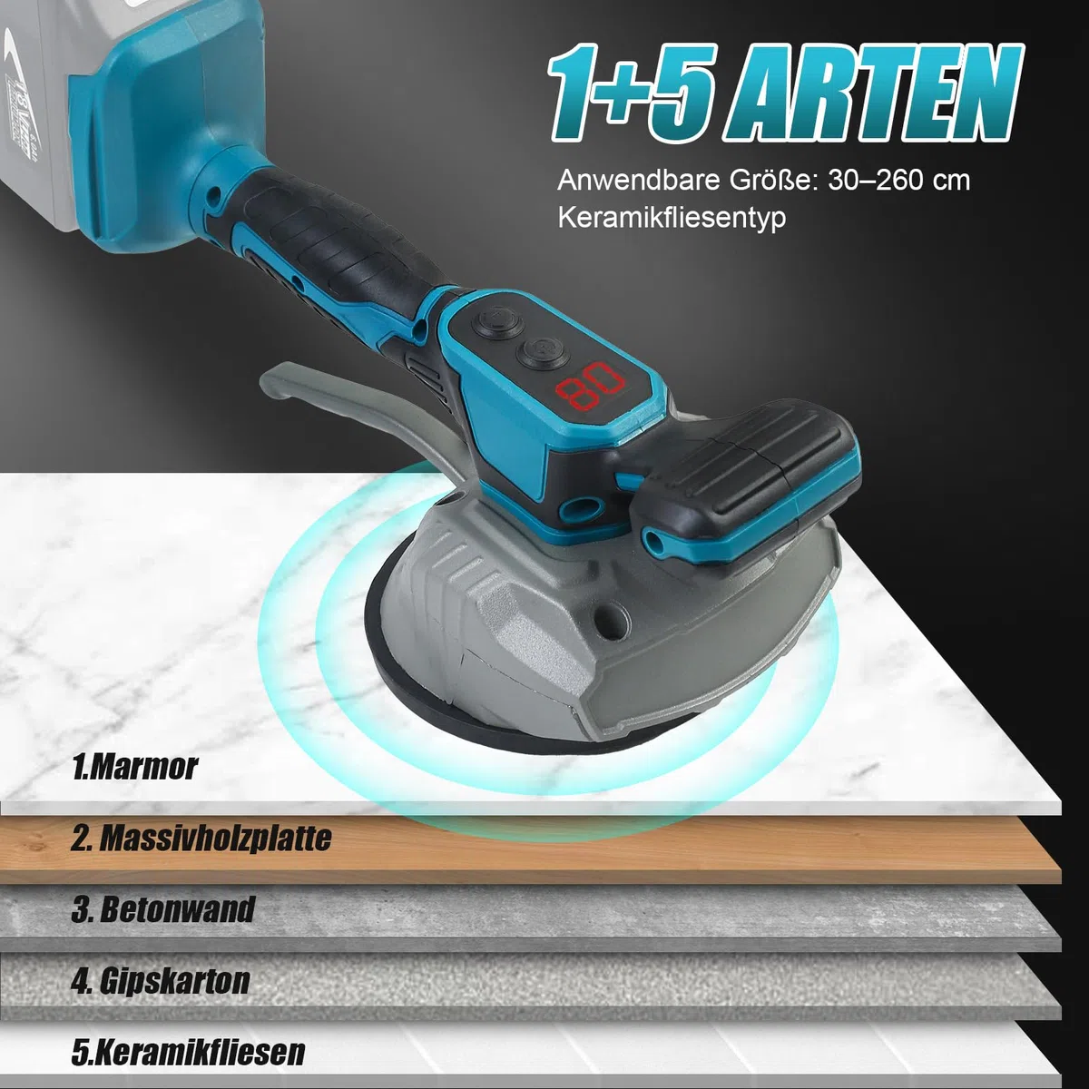Akku Fliesenrüttler, Fliesenleger Maschine für Makita 18V, Fliesenvibrator mit 8 Einstellbaren Gänge, Fliesenlegerwerkzeuge mit 4,7 zoll Saugnapf, 80kg Adsorption Vibrationsgerät (ohne Akku)