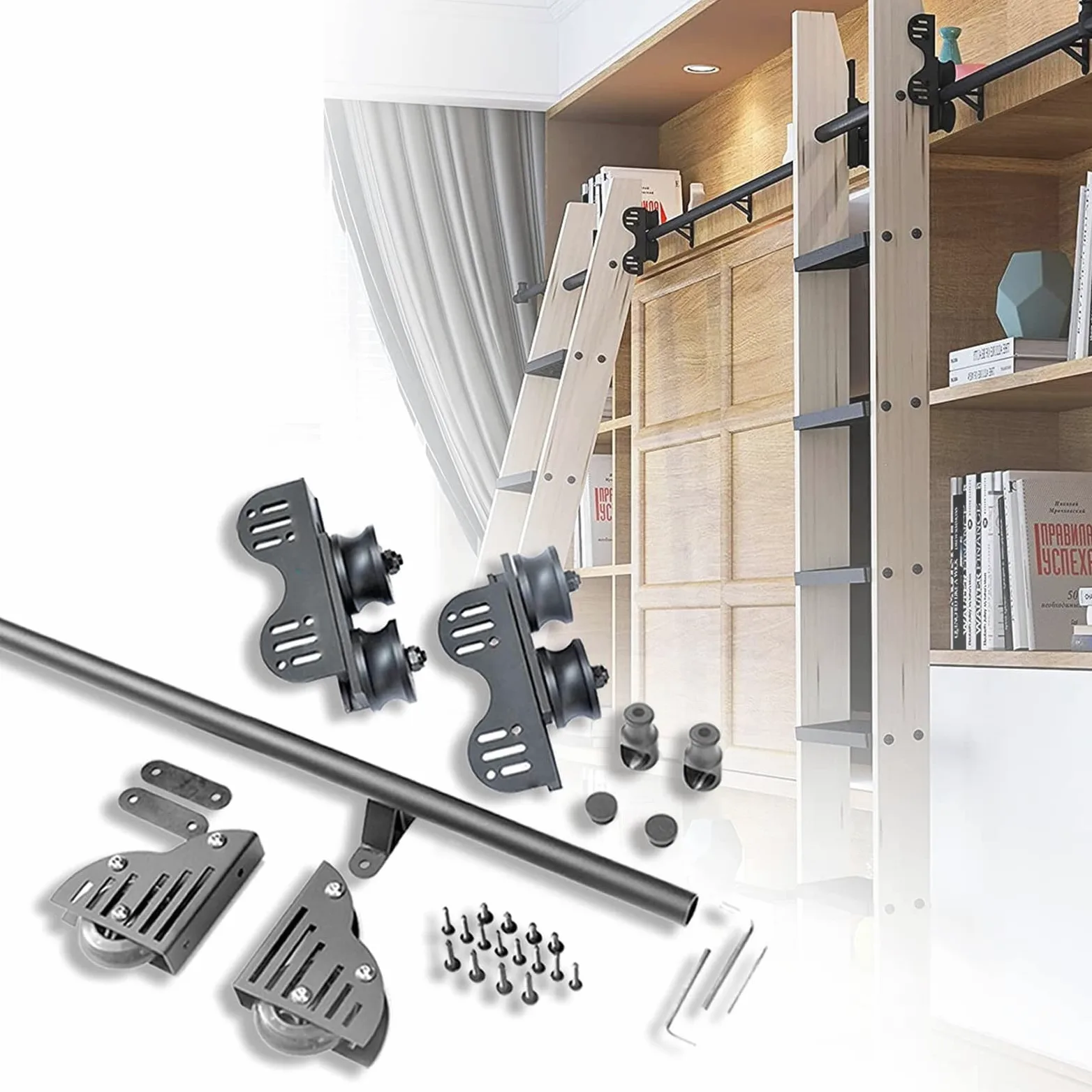 Schiebeleiter Hardware Kit, Einziehbare Rollleiter Hardware Bibliothek, Robuste Bodenrolle aus Stahl, Mobile Leiter-Gleitschiene aus Kohlenstoffstahl