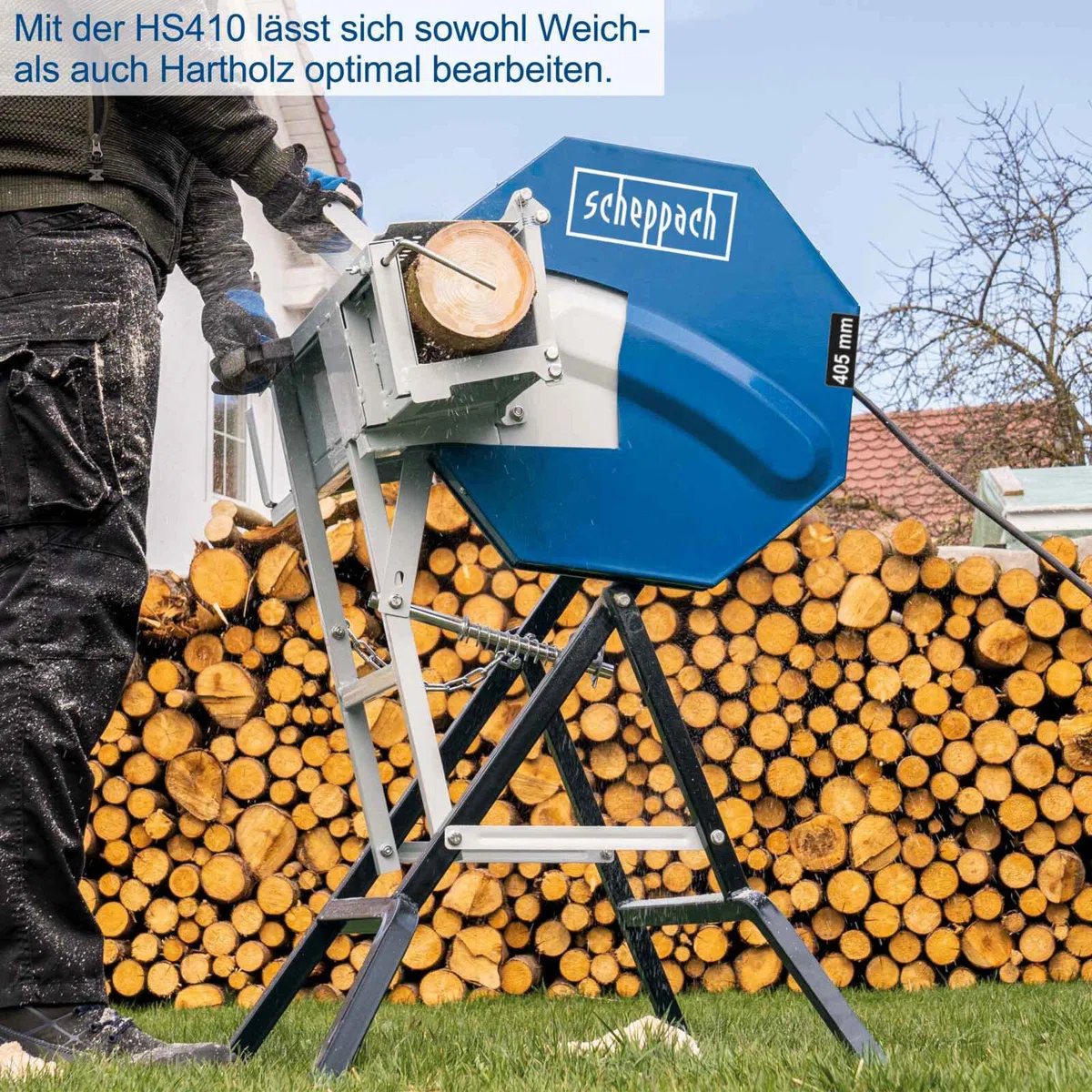 Scheppach Wippkreissäge HS410 Brennholzsäge Wippsäge | 2200W Leistung | 230V Anschluss | ØSägeblatt 405 mm | Holzlänge 300-1000 mm | Schnitt Ø 140 mm | inkl. Anschlag & patentierter Schutzklappe