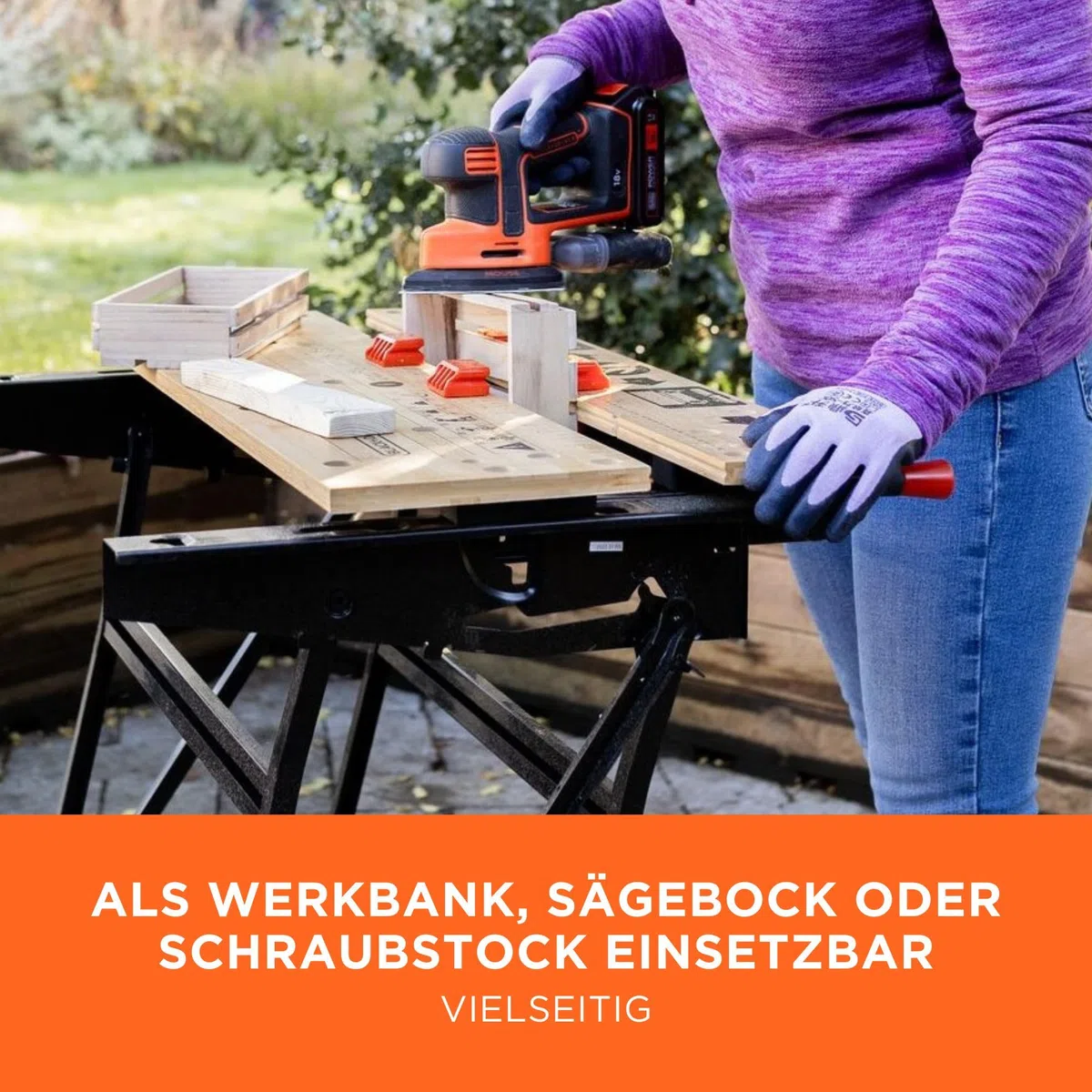 BLACK+DECKER Workmate Flexible Universal-Werkbank (klappbarer Sägebock – Arbeitstisch mit großer Arbeitsfläche, verstellbare Spannbacken, bis 250 kg belastbar, 74 x 25 cm) WM825-XJ