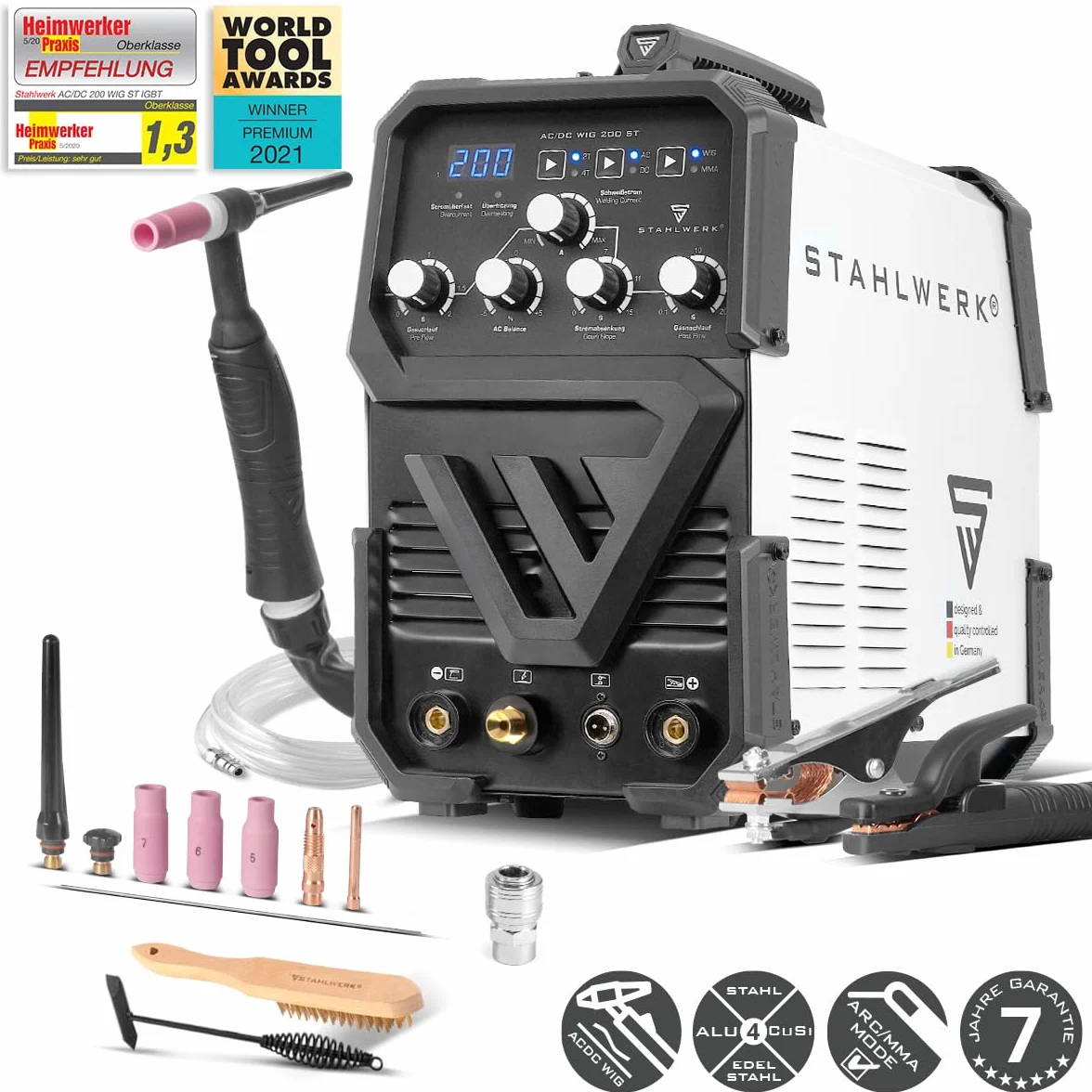 STAHLWERK Schutzgasschweißgerät 2-in-1 Kombi AC/DC WIG 200 ST – WIG & MMA (E-Hand/ARC) bis 200 A, HF-Zündung, Hotstart, Anti-Stick, 2T & 4T-Modus, AC WIG-Schweißen für Aluminium, IGBT-Technologie