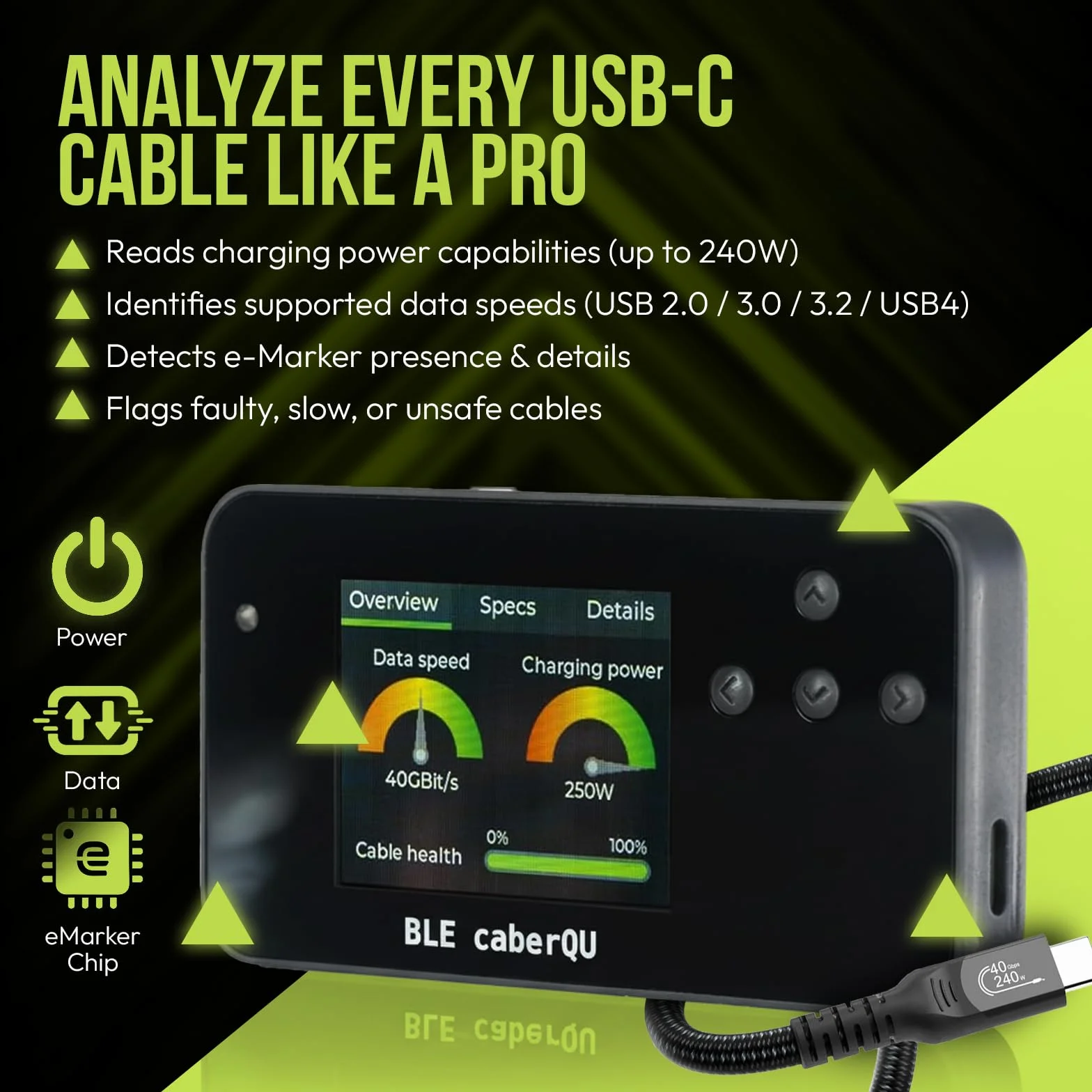 BLE caberQU Digitaler USB-C-Kabeltester, USB PD 3.0/3.1/3.2 eMarker-Anzeige, 25-polige Kontinuitäts-Pinbelegung, USB 2/3/4, Kabelwiderstand, iOS & Android App (BLE caberQU Sicherheitsset)