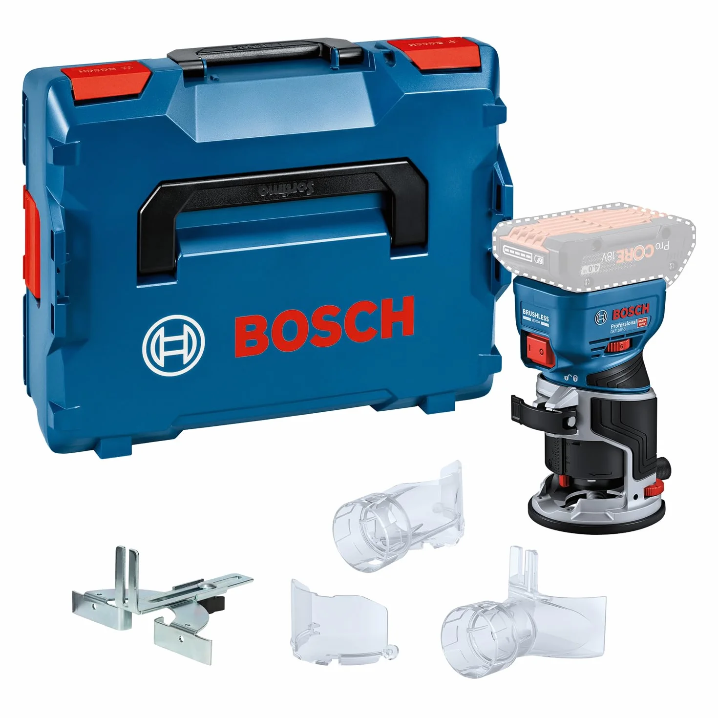 Bosch Professional 18V System Akku-Kantenfräse GKF 18V-8 (inkl. Parallelanschlag, 2x Saugadapter zum Fräsen, Spanschutz, 8-mm-Spannzange, Spannschlüssel, L-BOXX ohne Akku/Ladegerät)
